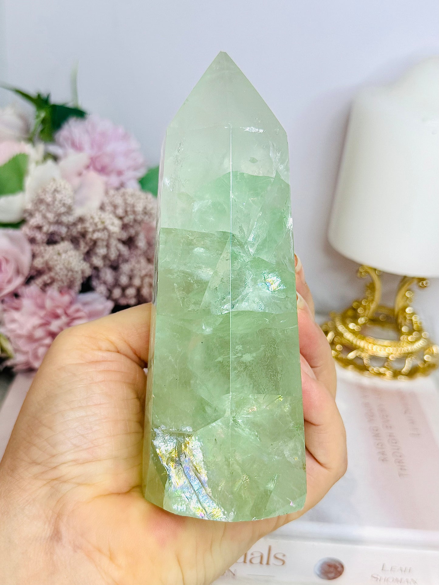 High Grade Light Green Fluorite Tower with Rainbows 14cm 551g