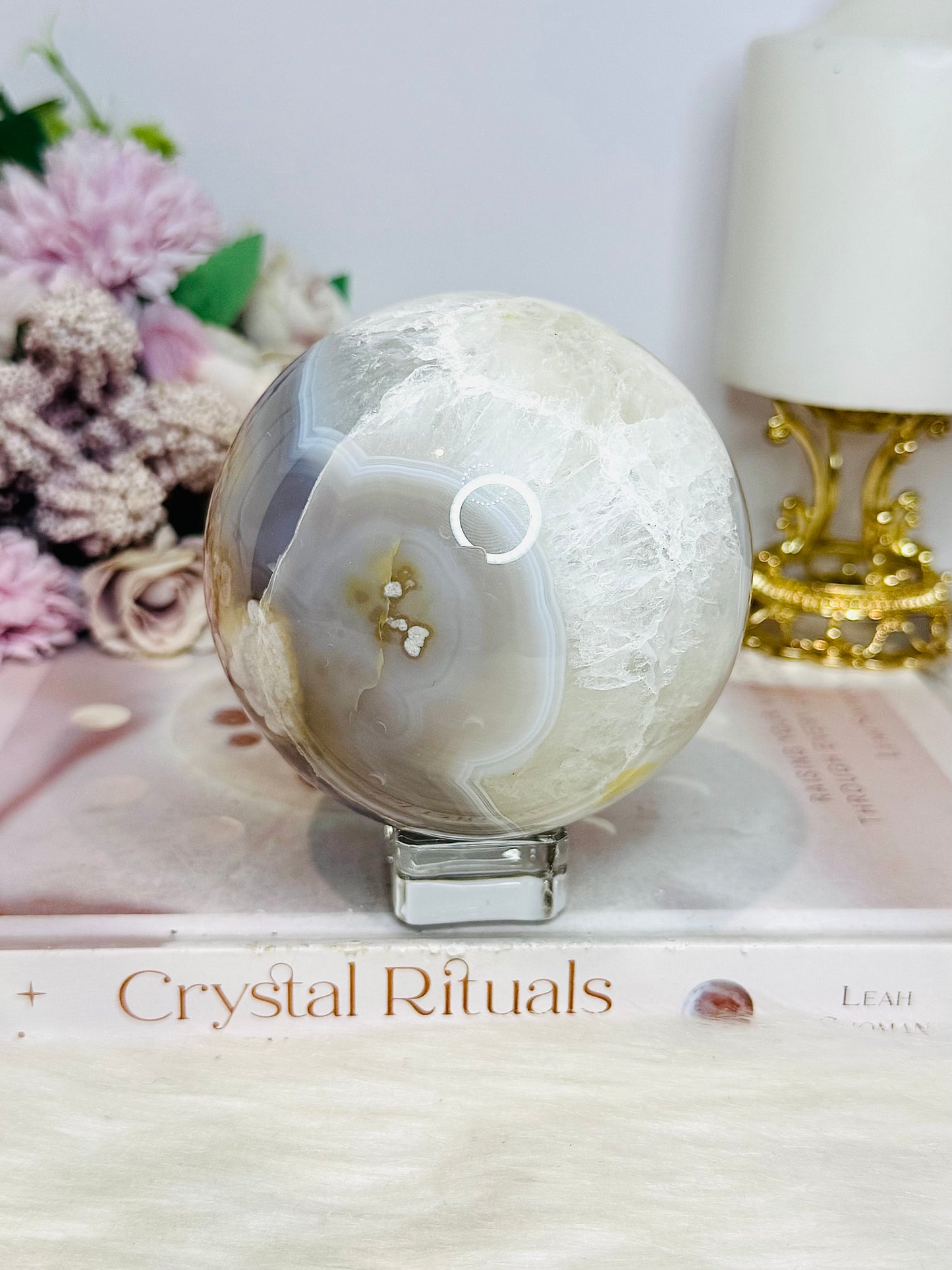 Large Flower Agate Sphere On Stand 848g