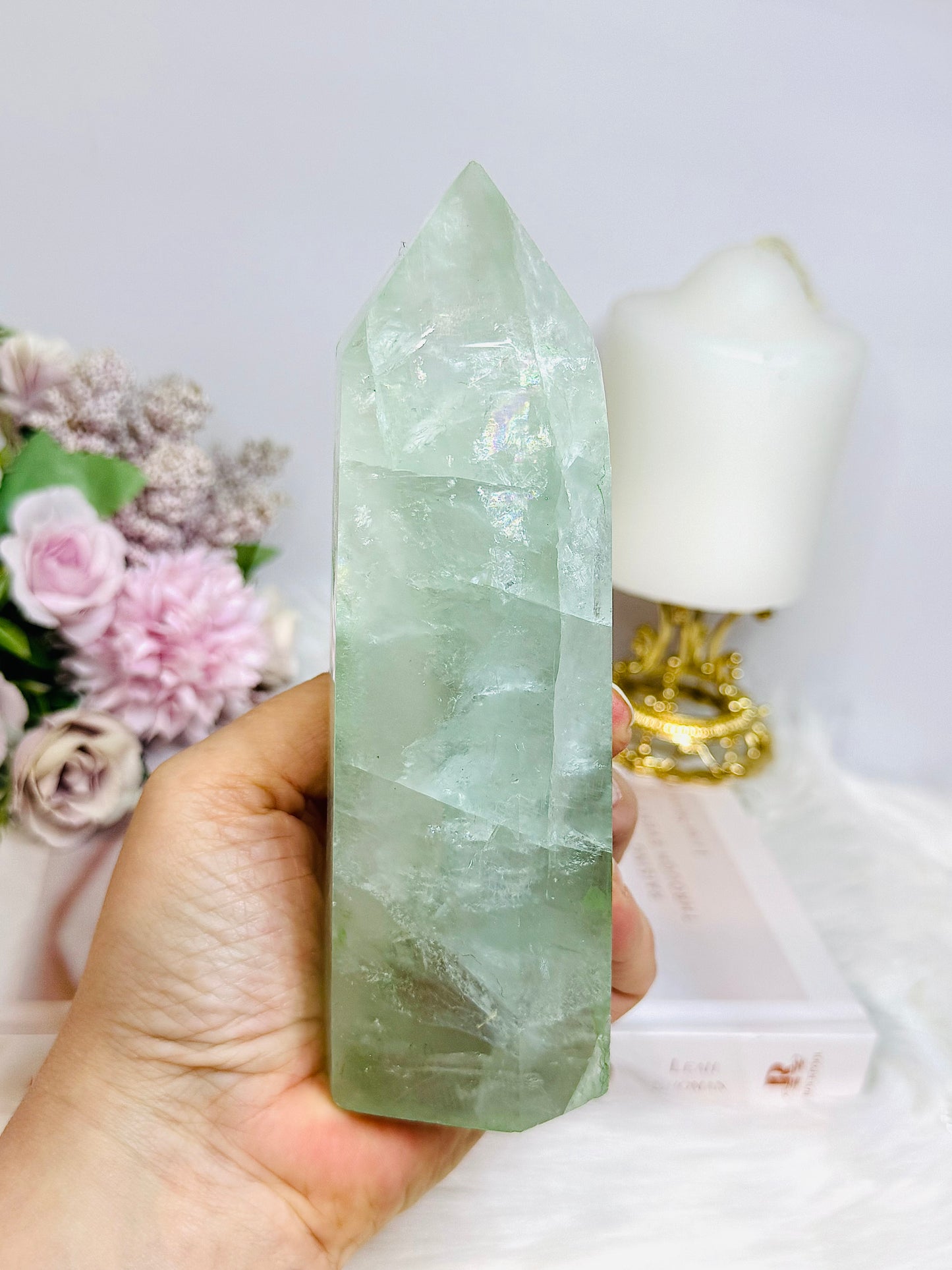 Large Green Fluorite Tower with Rainbows 15.5cm 650g