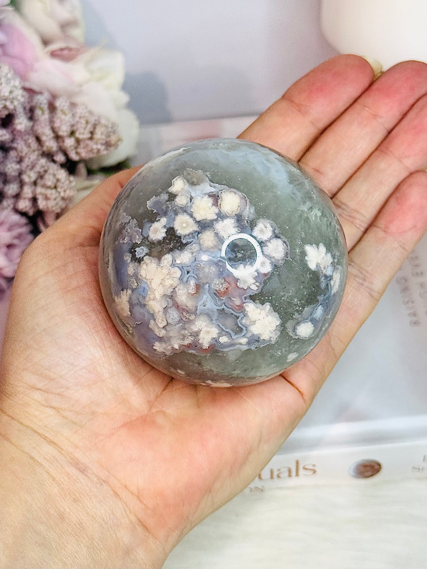 Elegant Green Flower| Blossom Agate Sphere On Stand 289grams