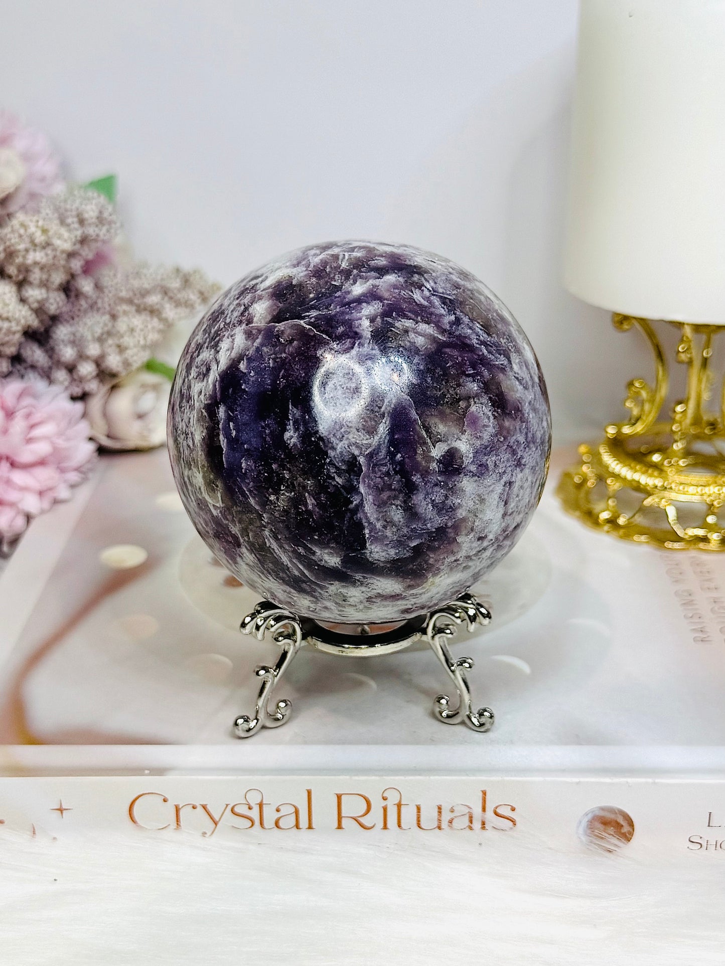Large Pegmatite | Unicorn Stone (Lepidolite, Pink Tourmaline, Smoky Quartz & Cleavelandite) Sphere on Stand 600g