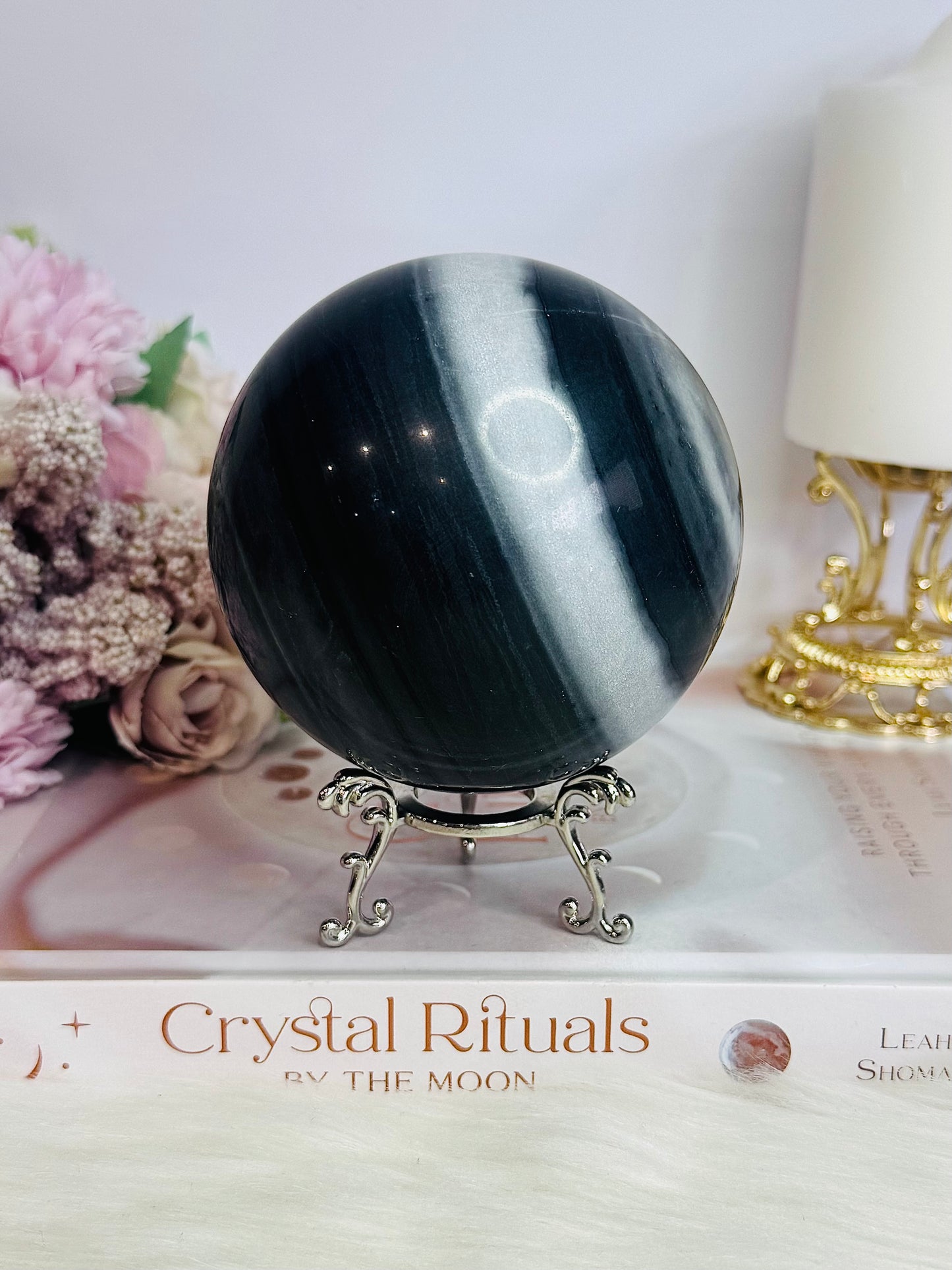 Natural Large Tai Chi Stone (White Quartz & Black Jasper) Sphere On Stand 895grams