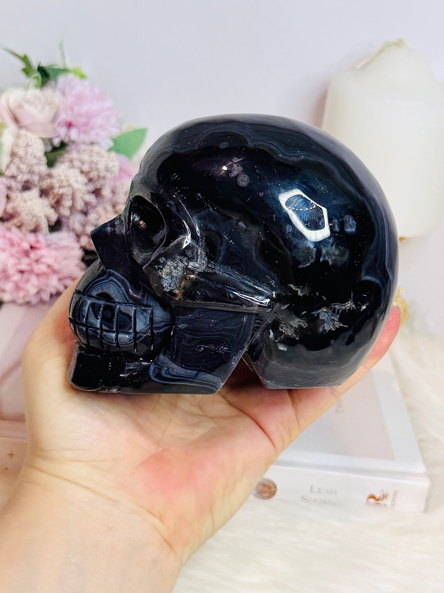 Huge Black Agate Carved Skull 11.5cm 1.24KG