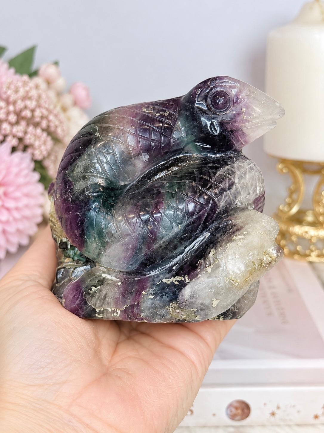 Rainbow Fluorite Carved Snake 662grams