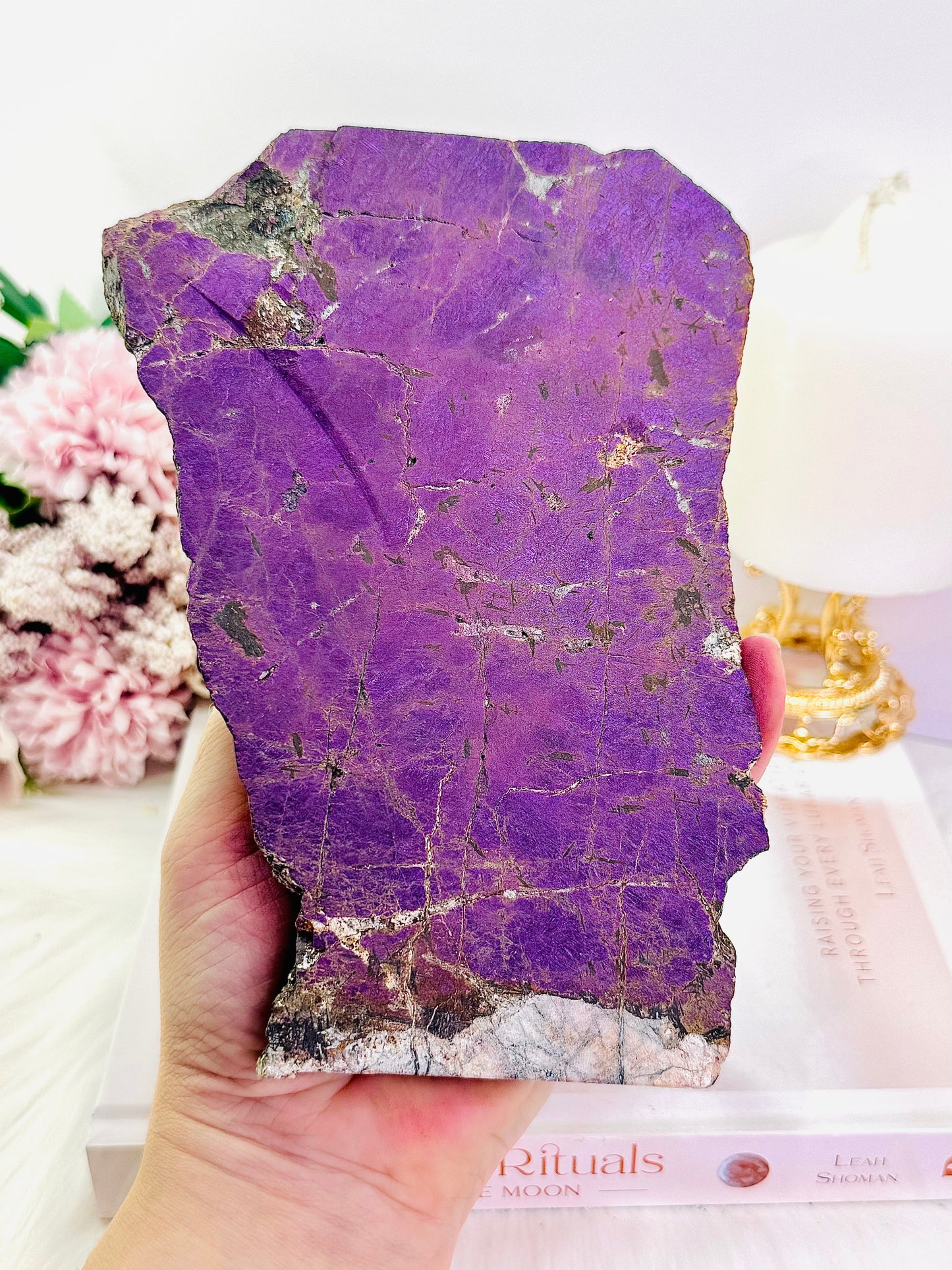 The Stone Of Freedom ~ Incredible Rare Natural Velvet Purpurite Huge Slab On Gold Stand, 22cm (Inc Stand) 683grams