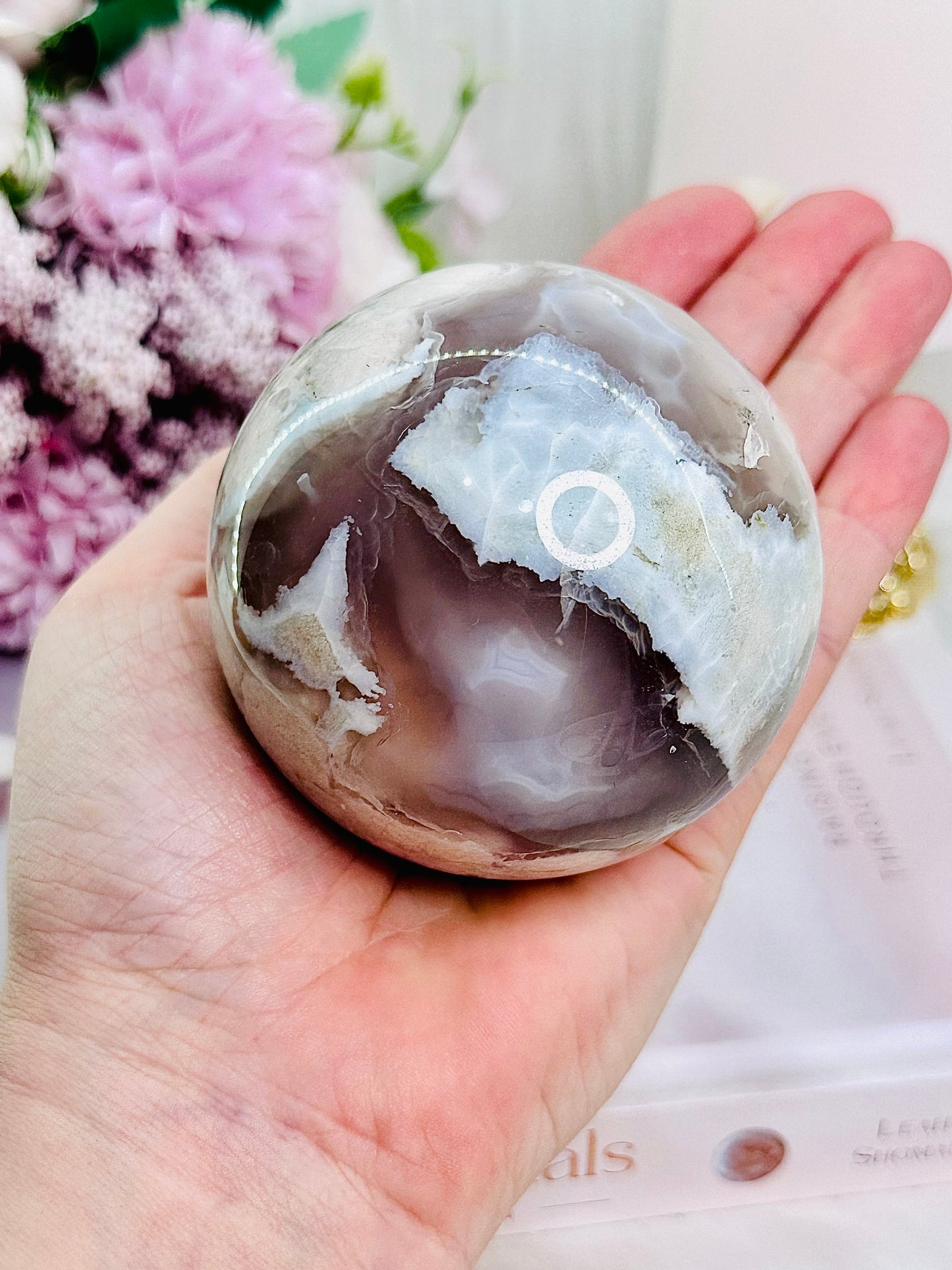 A Stone For Dreamers ~ Incredibly Fabulous Large 489gram Green Cherry Blossom Agate | Flower Agate Sphere on Stand (glass stand in pic is display only)