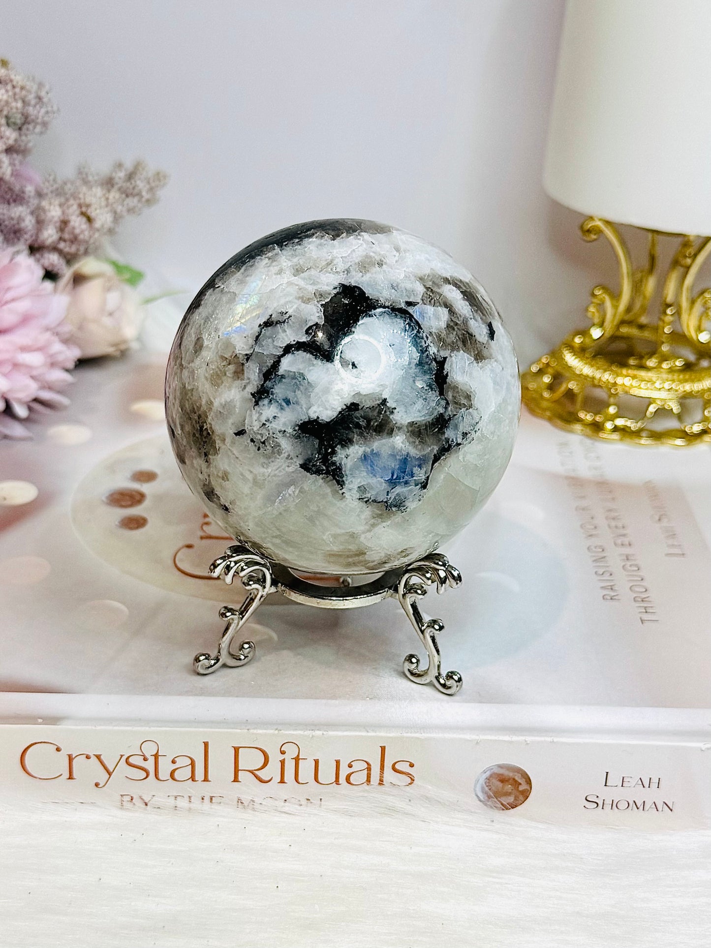 Large Rainbow Moonstone Sphere with Blue Flash 464g