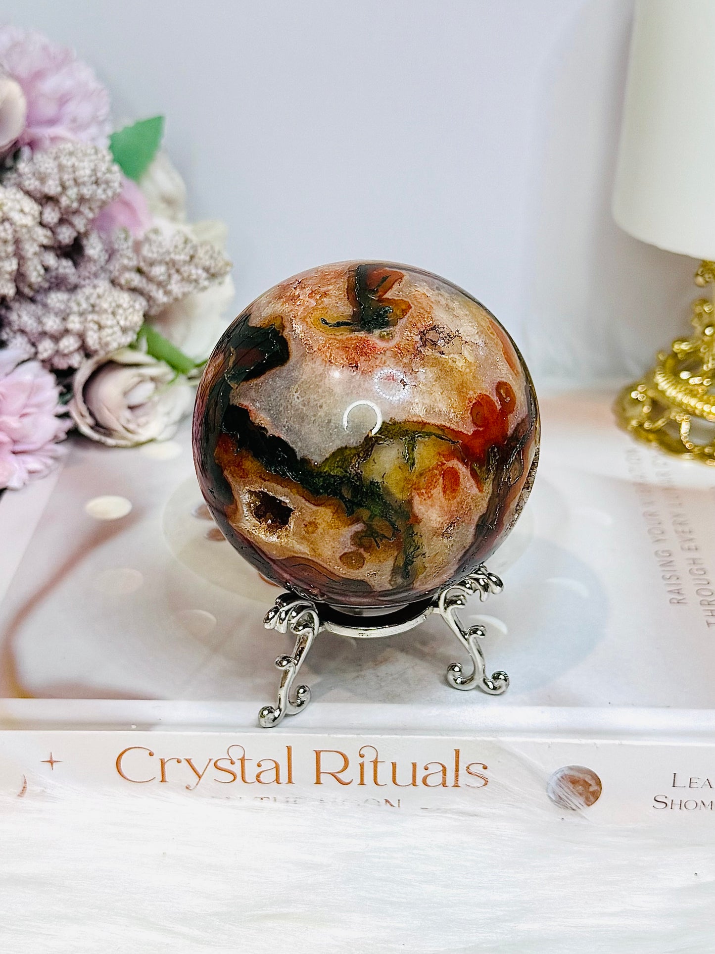 Large Red Moss Agate Druzy Sphere on Stand 452g