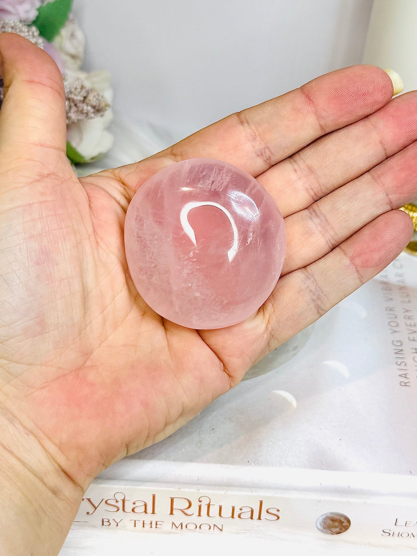 High Grade Rose Quartz Palm Stone (stand is display only)