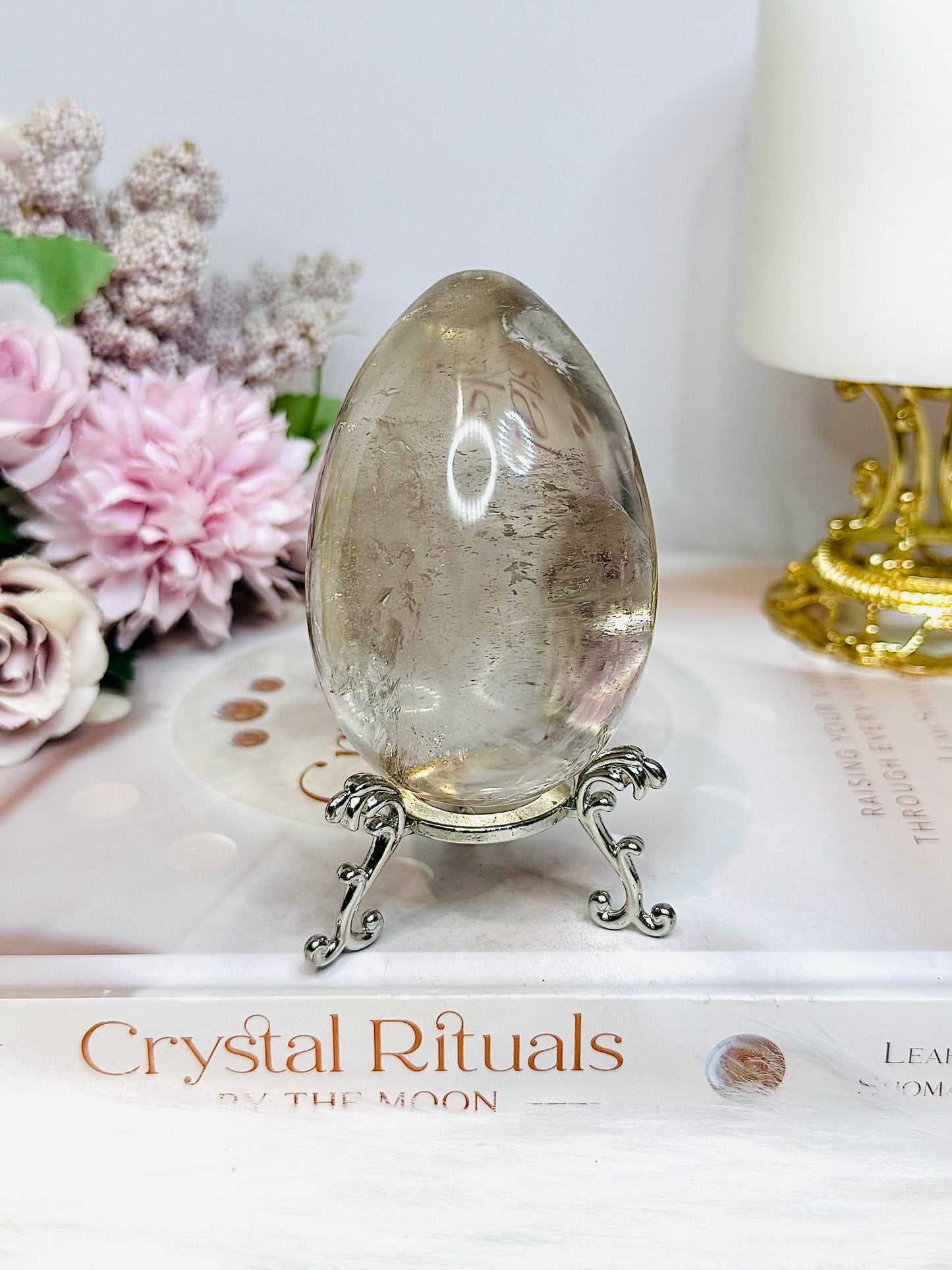 Large Quartz Egg On Stand with Rainbows 280g