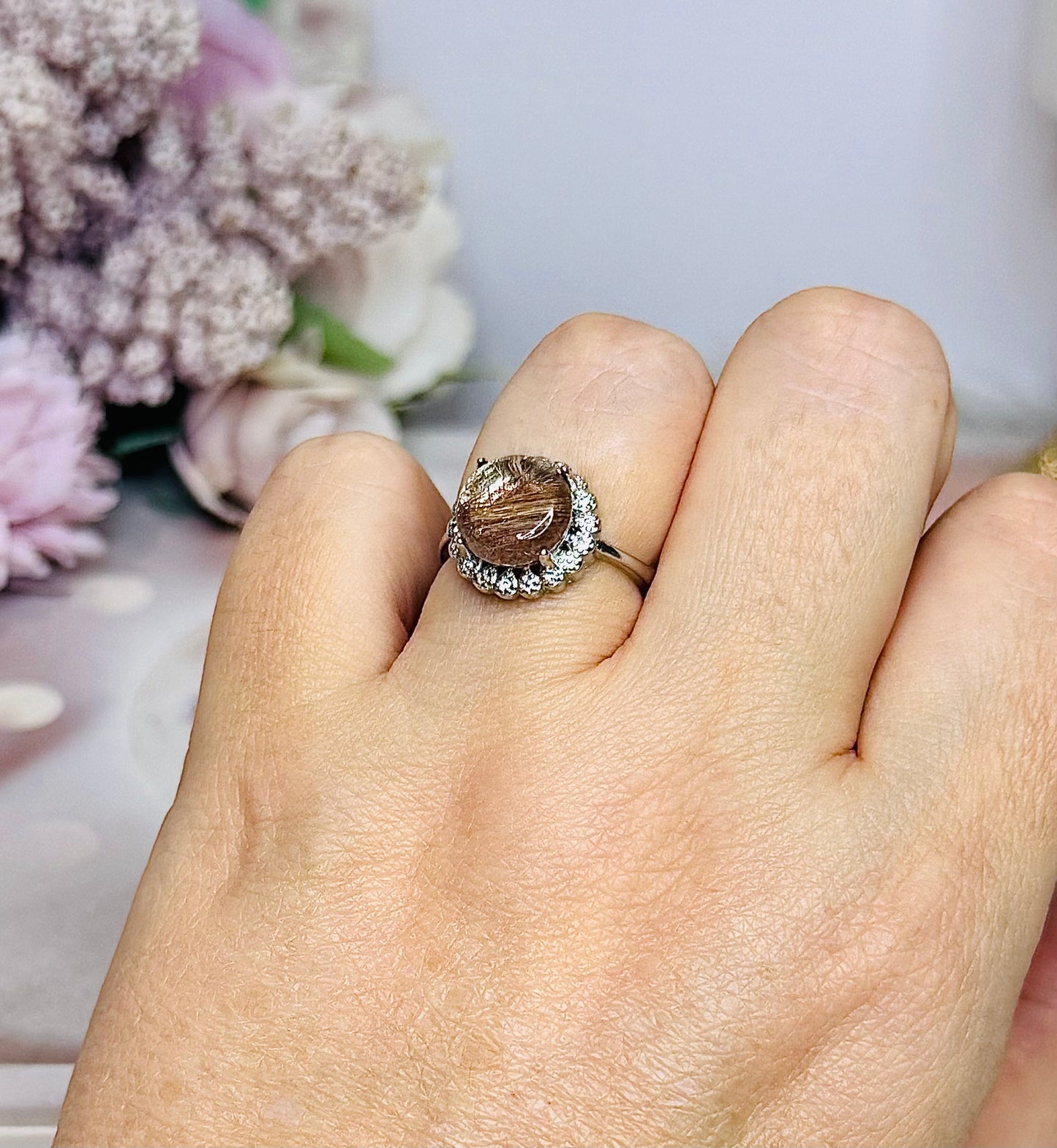 Adjustable Silver Rutilated Quartz Ring In Gift Bag
