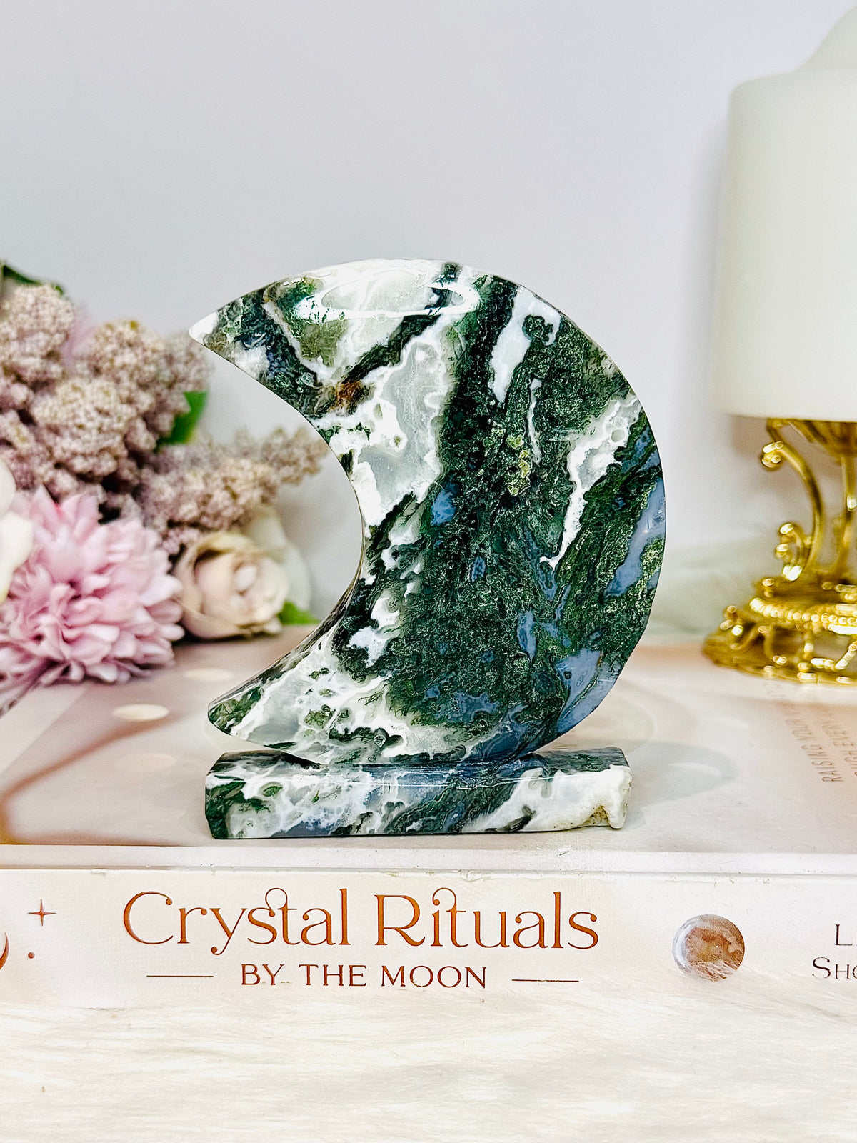 Moss Agate Druzy Moon On Stand 9.5cm 243g