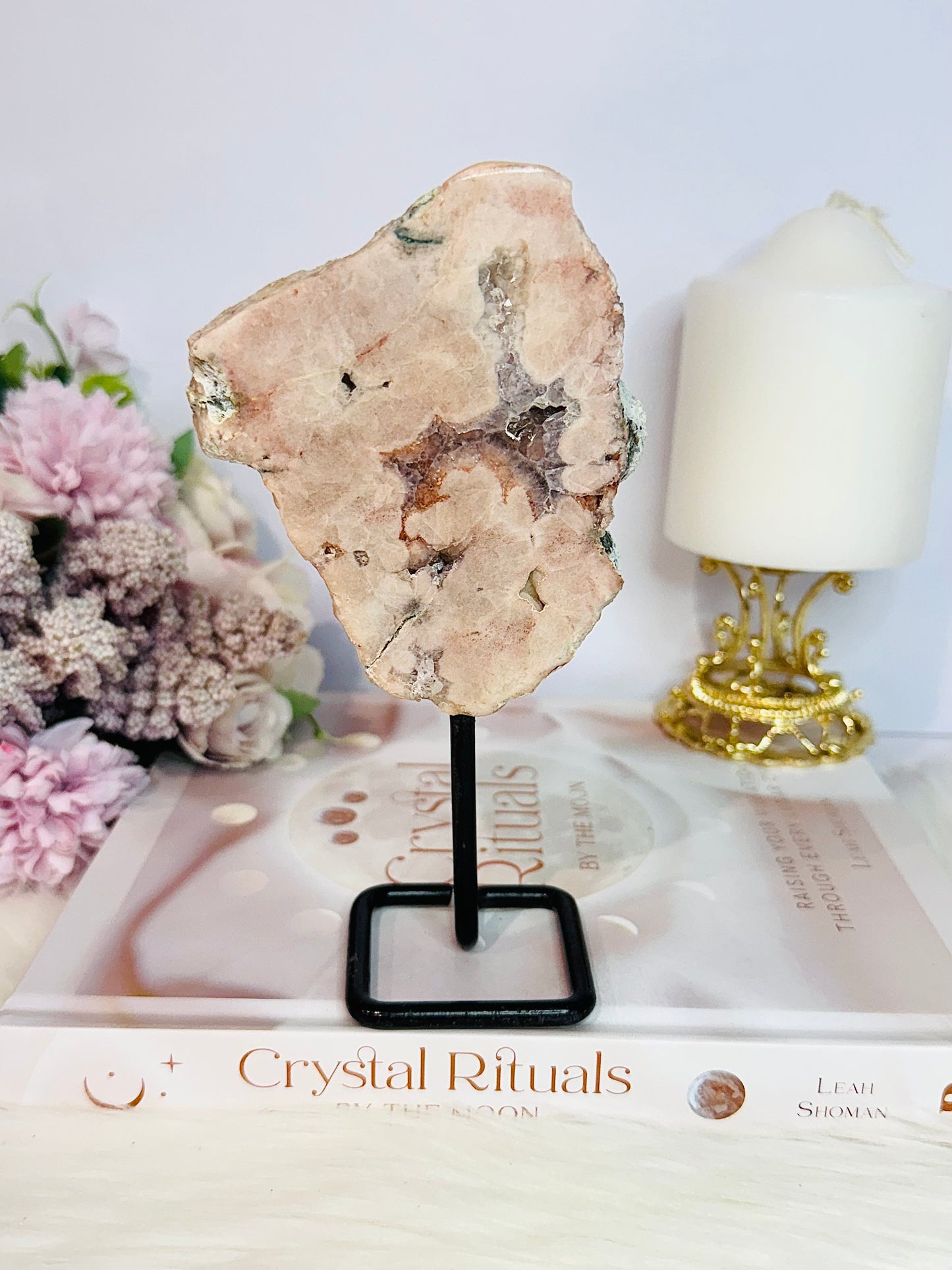 Beautiful 16cm Natural Druzy Polished Pink Amethyst Slab On Stand From Brazil