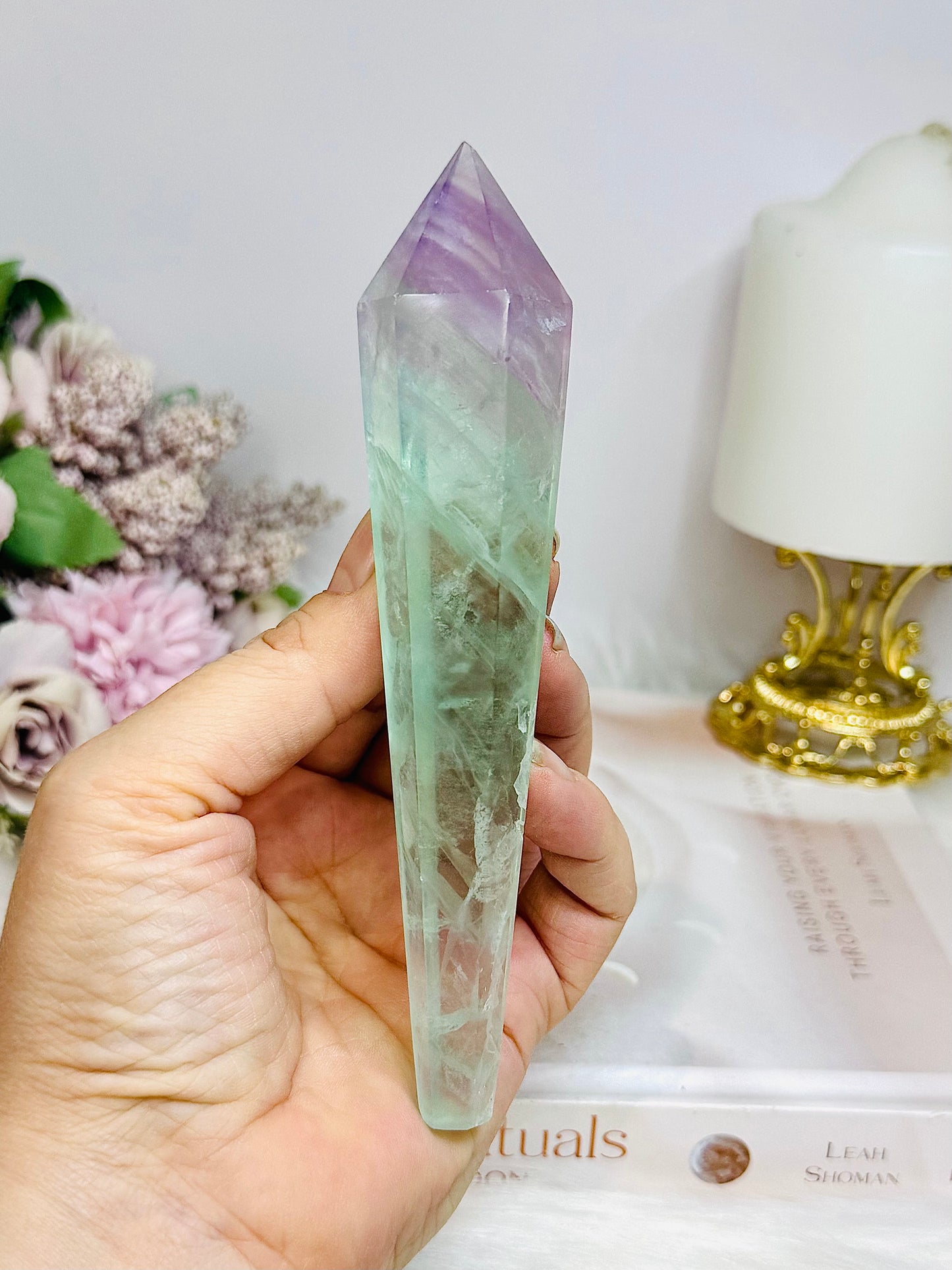 Watermelon Fluorite Wand | Tower with Rainbows 14.5cm