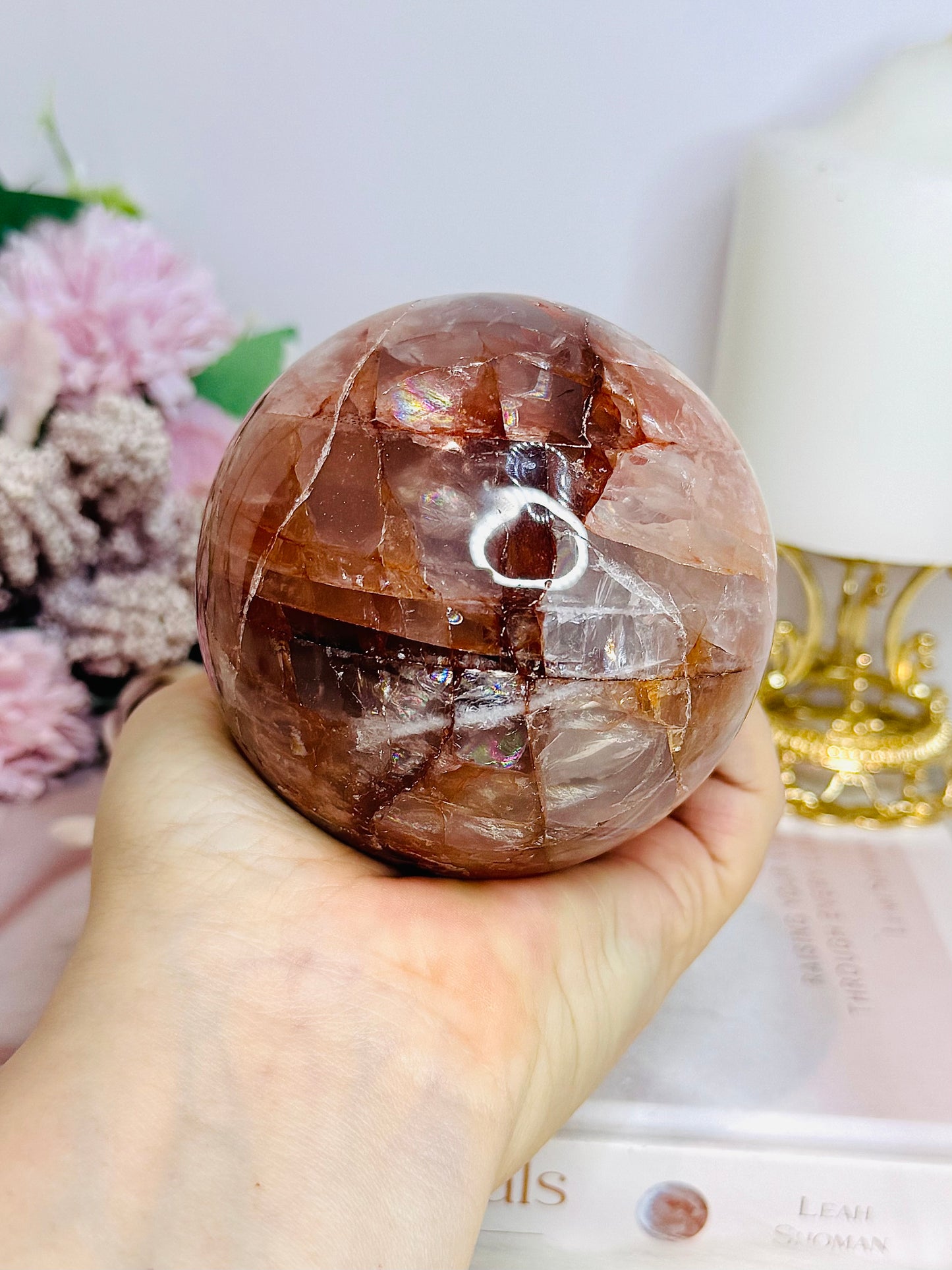High Grade Large Fire Quartz | Hematoid Quartz Sphere with Rainbows on Stand 725g