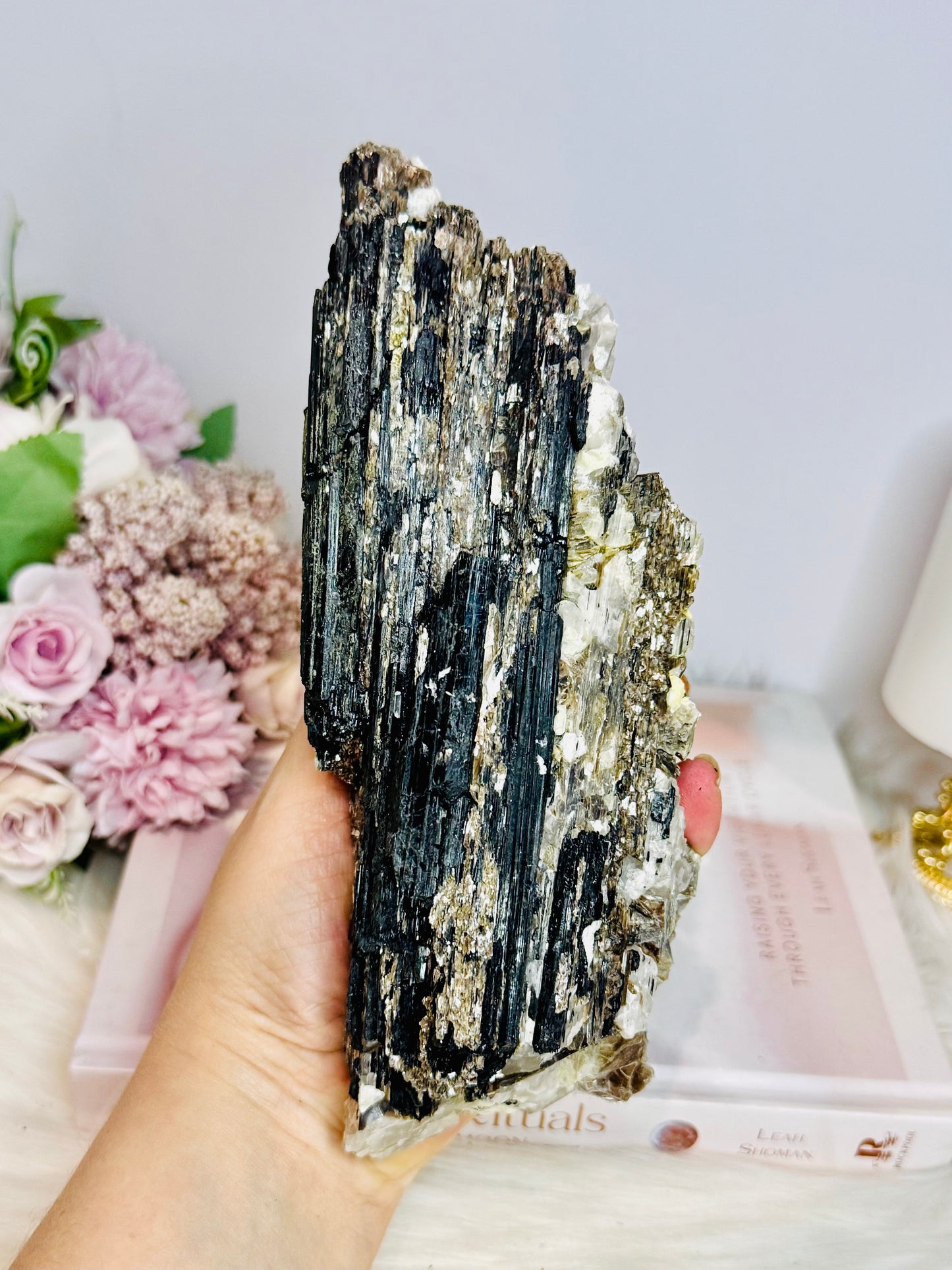 Large Natural Black Tourmaline Specimen with Mica Inclusions On Stand 18cm 782g
