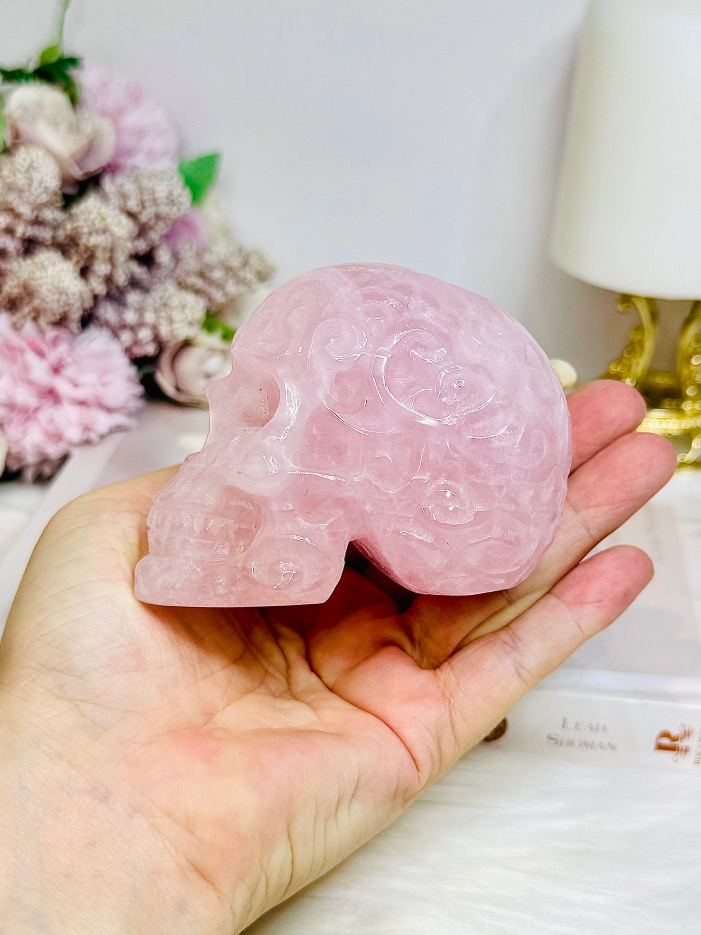 Large Rose Quartz Filigree Skull 8.5cm 407g