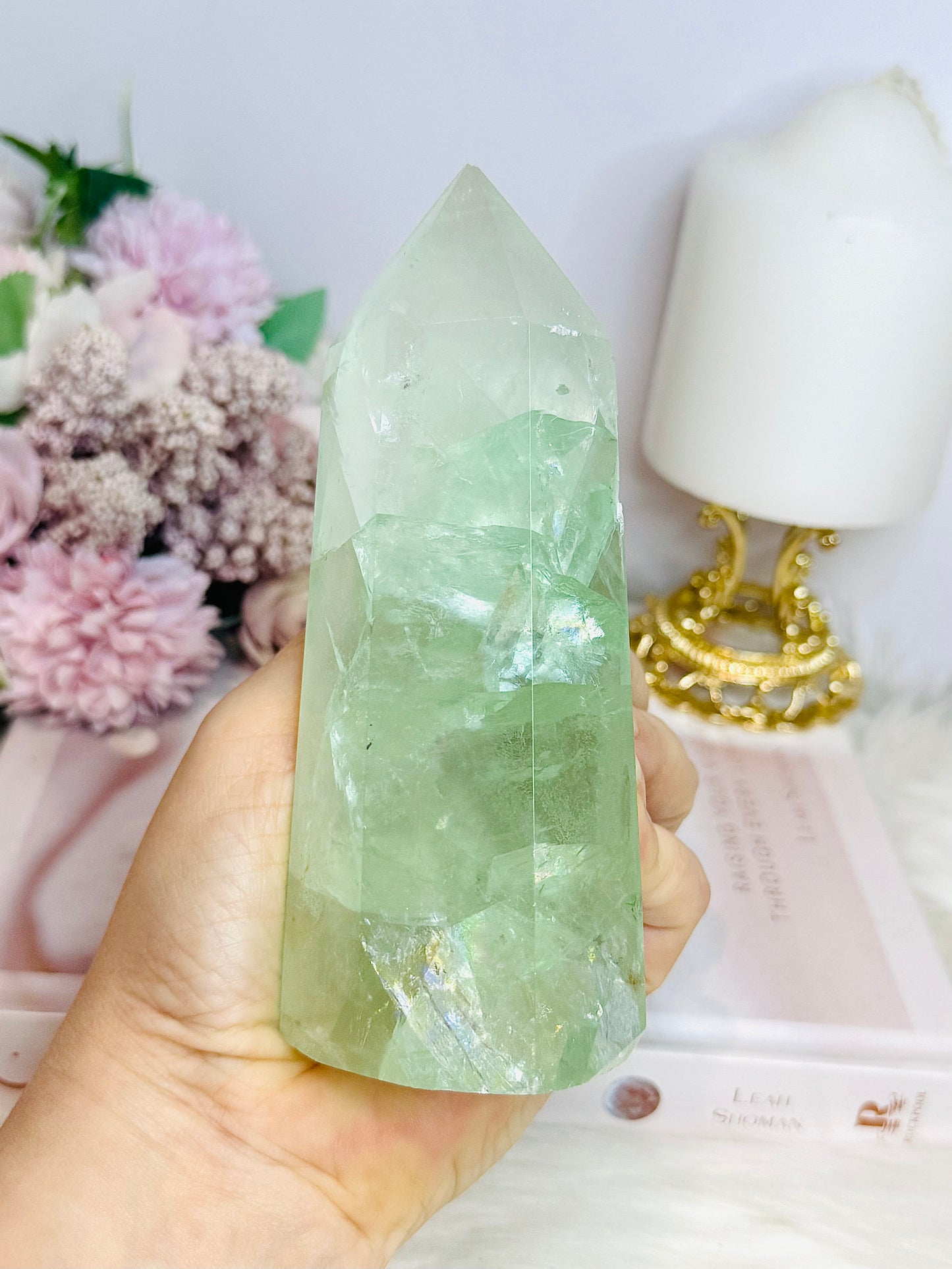 High Grade Light Green Fluorite Tower with Rainbows 14cm 551g