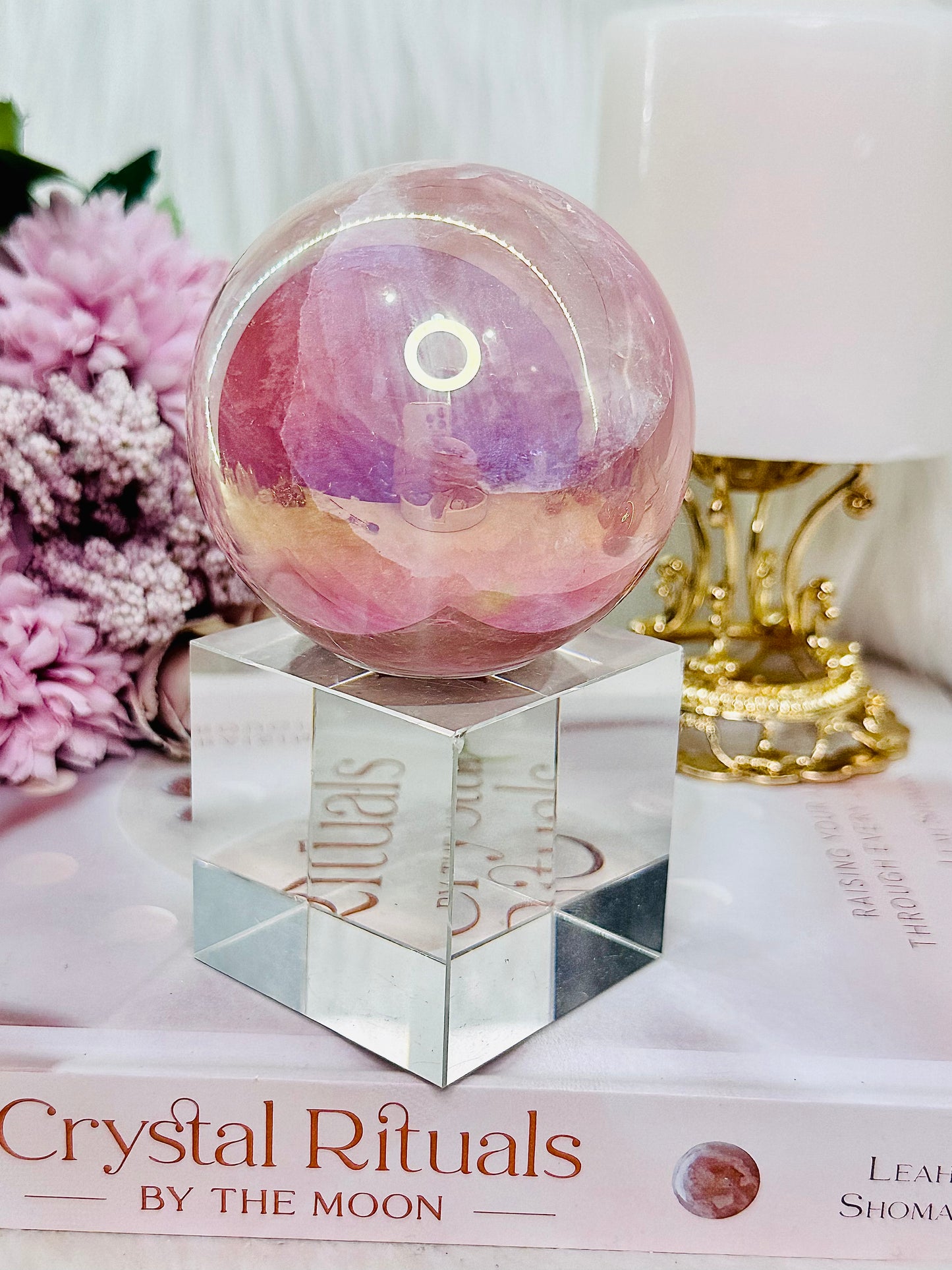 Unconditional Love ~ Absolutely Incredible Large Angel Aura Rose Quartz Sphere on Silver Stand 445grams (Glass stand in pic is display only)