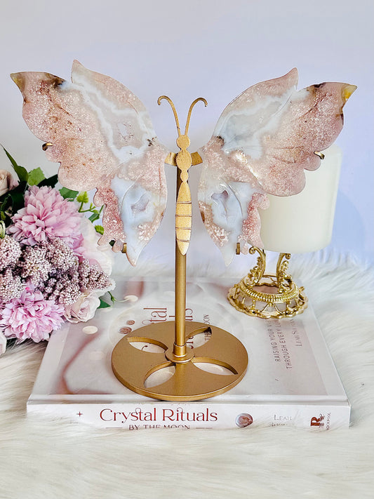 Stunning Large 22cm Druzy Pink Amethyst & Agate Carved Butterfly Wings On Gold Stand From Brazil