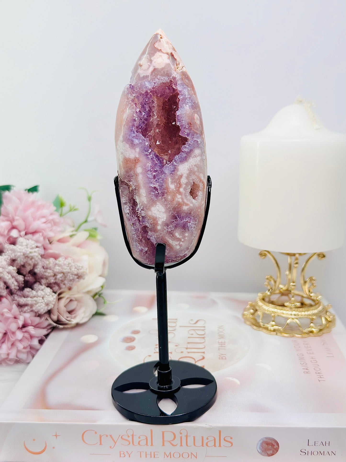 High Grade Rare 19.5cm Druzy Pink Amethyst X Flower Agate Egg on Stand