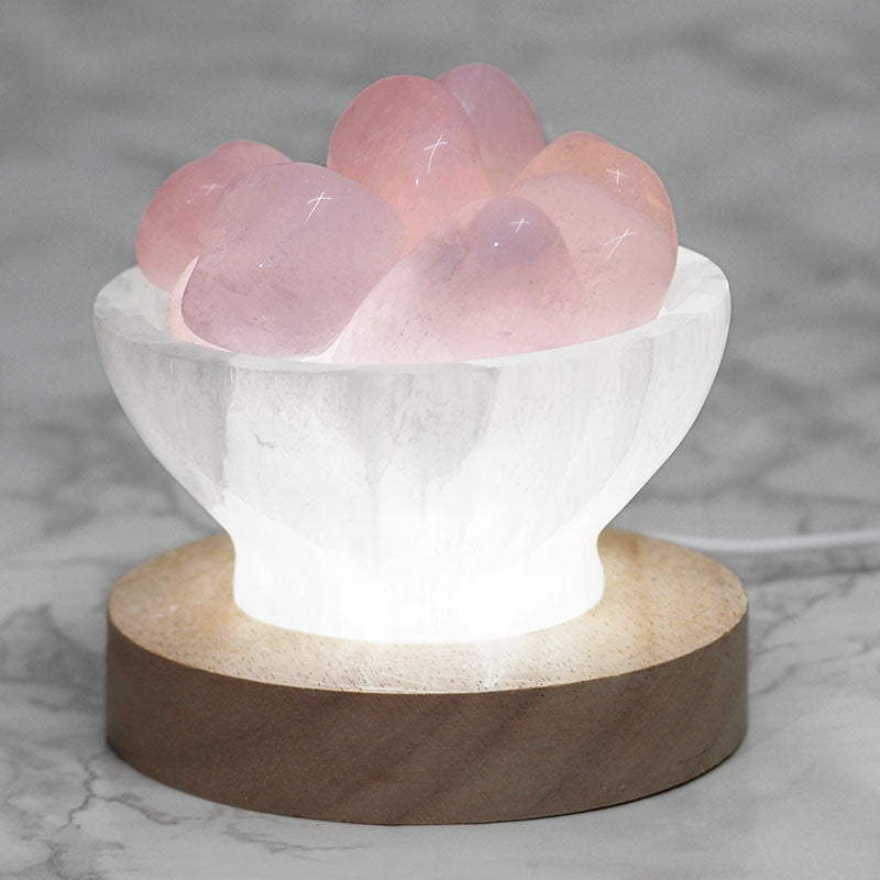 Gorgeous Selenite Fire Bowl Lamp With Rose Quartz Tumbled Stones on Large LED Base