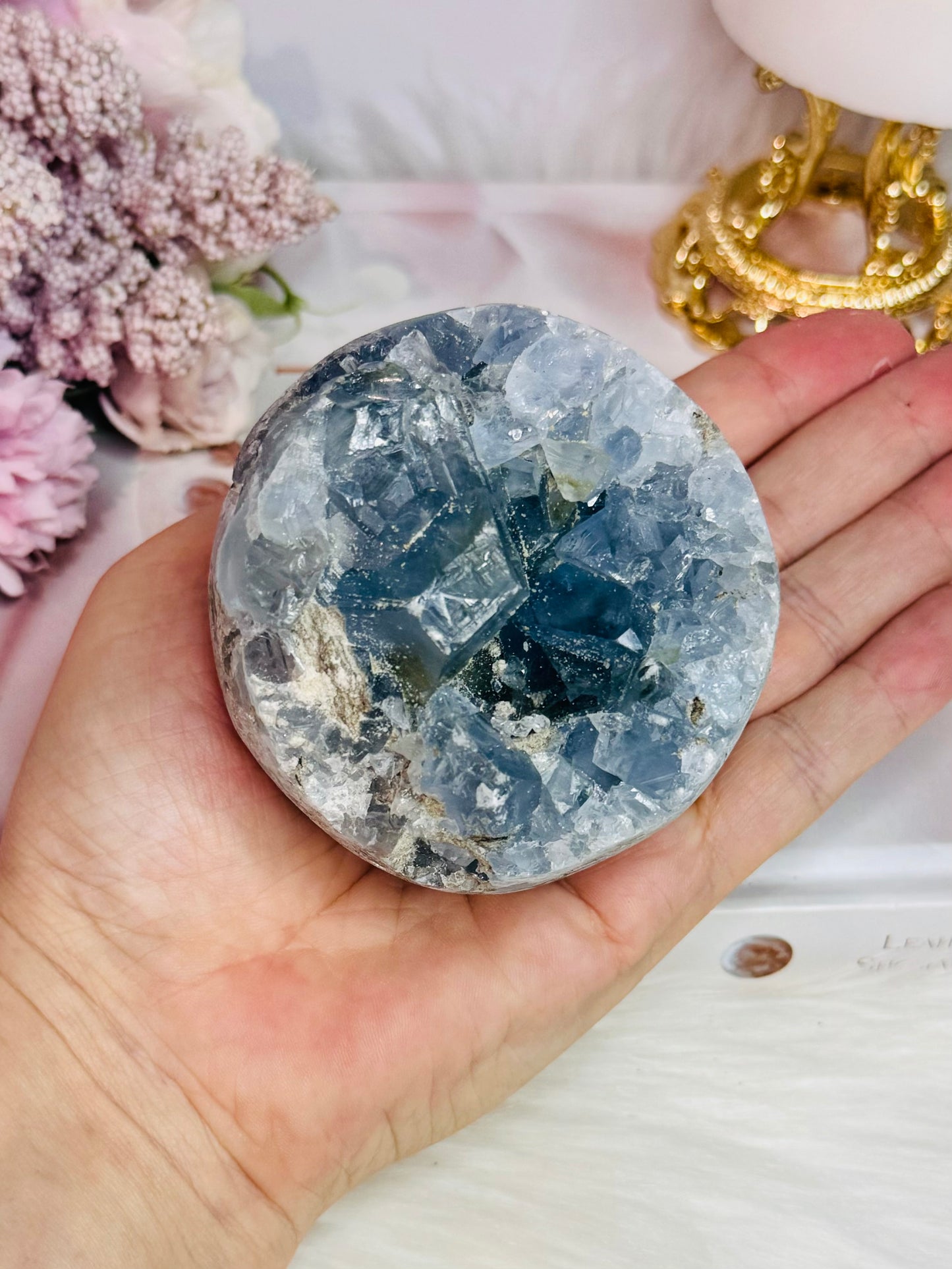 Blue Celestite Large Chunky Natural Druzy Sphere On Stand 648grams