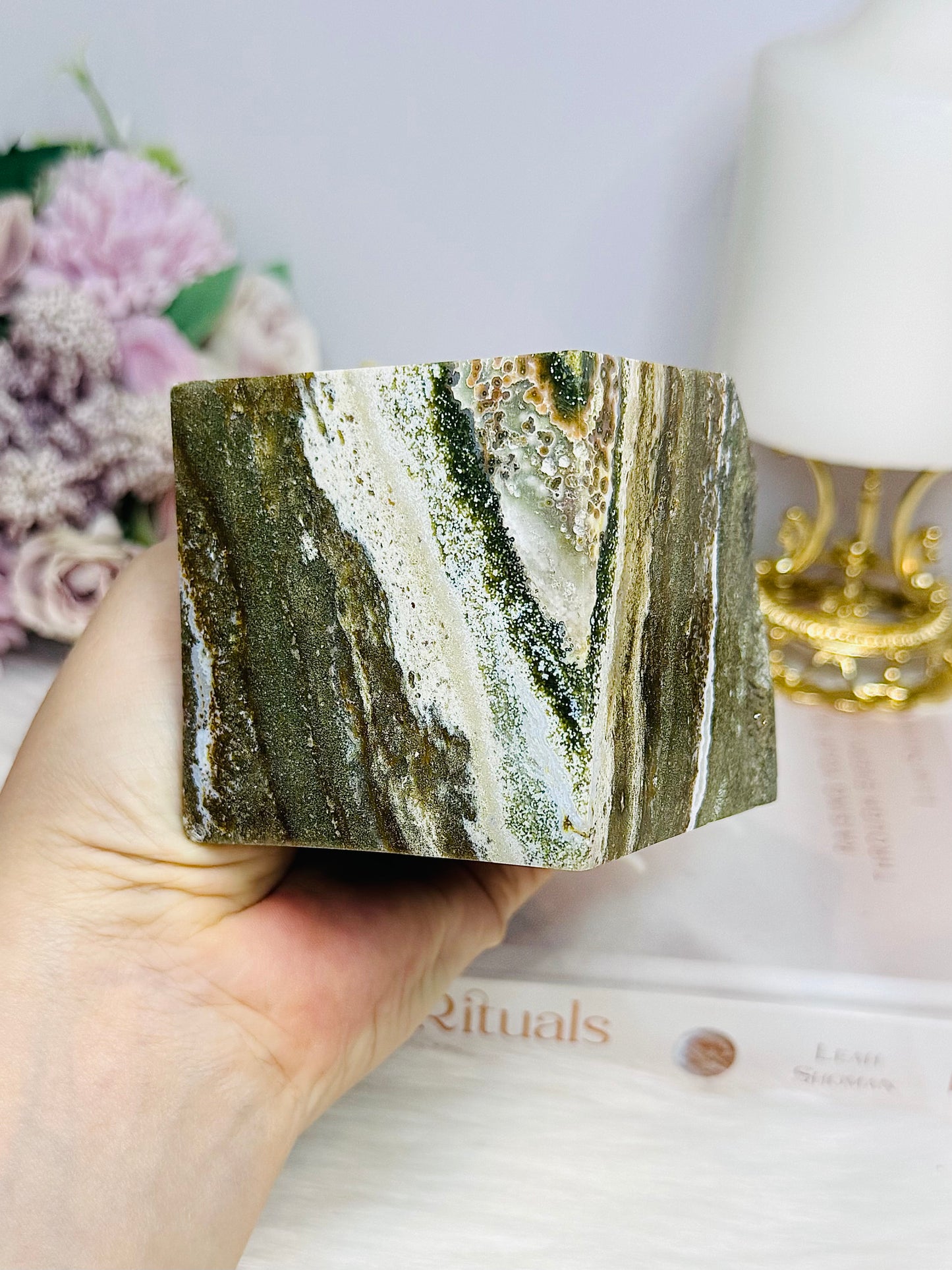 Large Ocean Jasper Druzy Carved Cube 612g