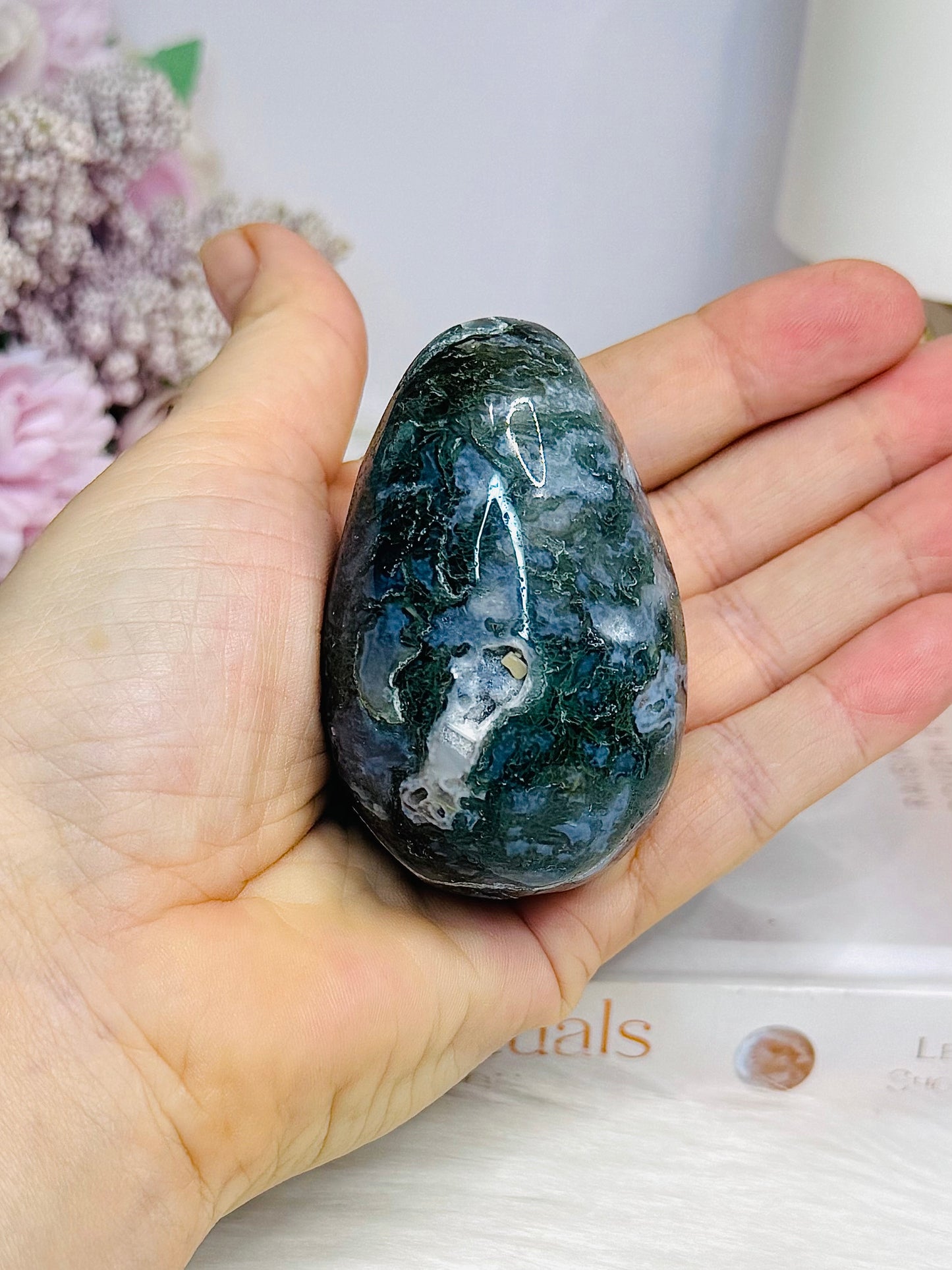 Moss Agate Druzy Egg On Stand 7cm