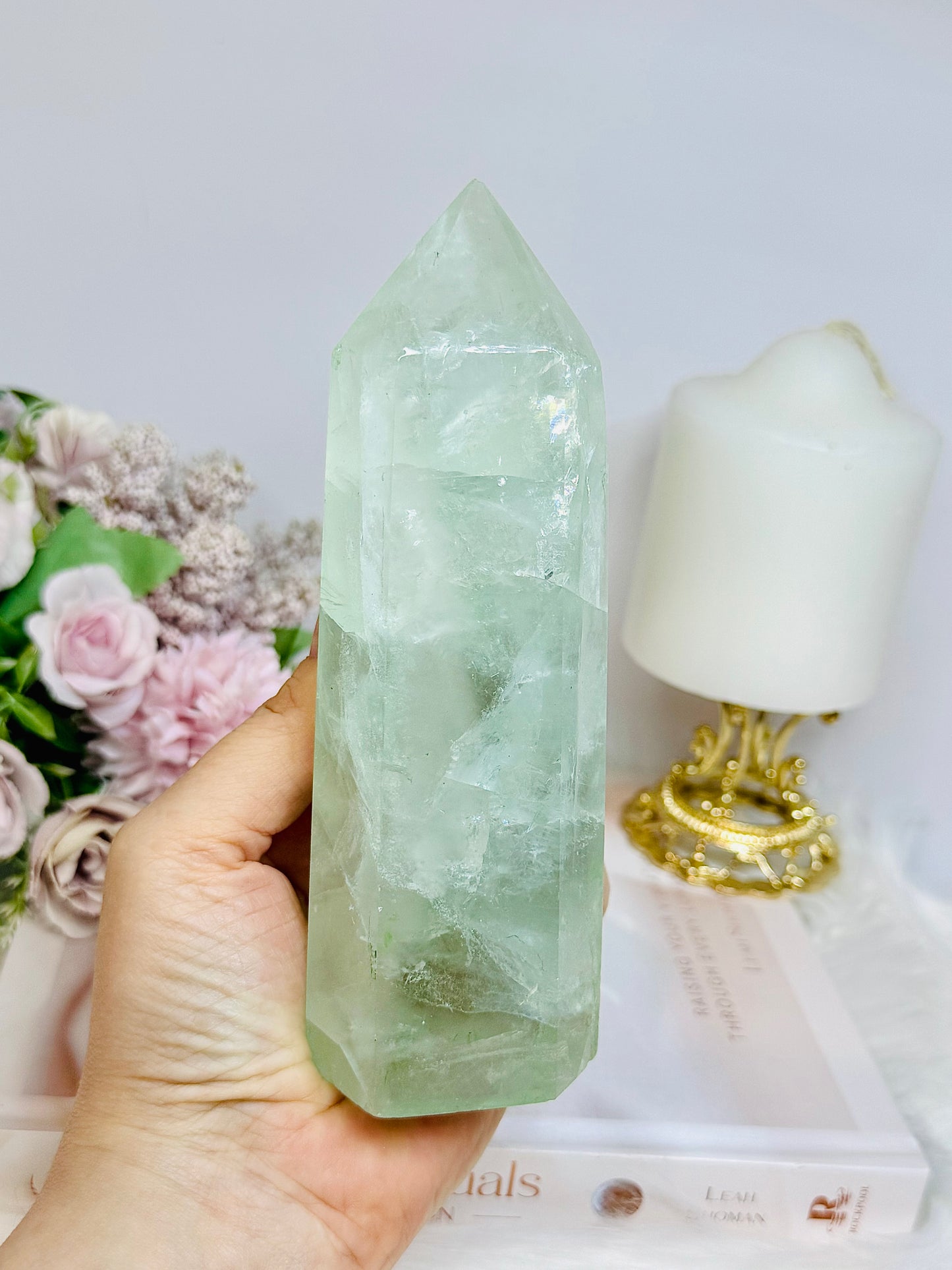 Large Green Fluorite Tower with Rainbows 15.5cm 650g
