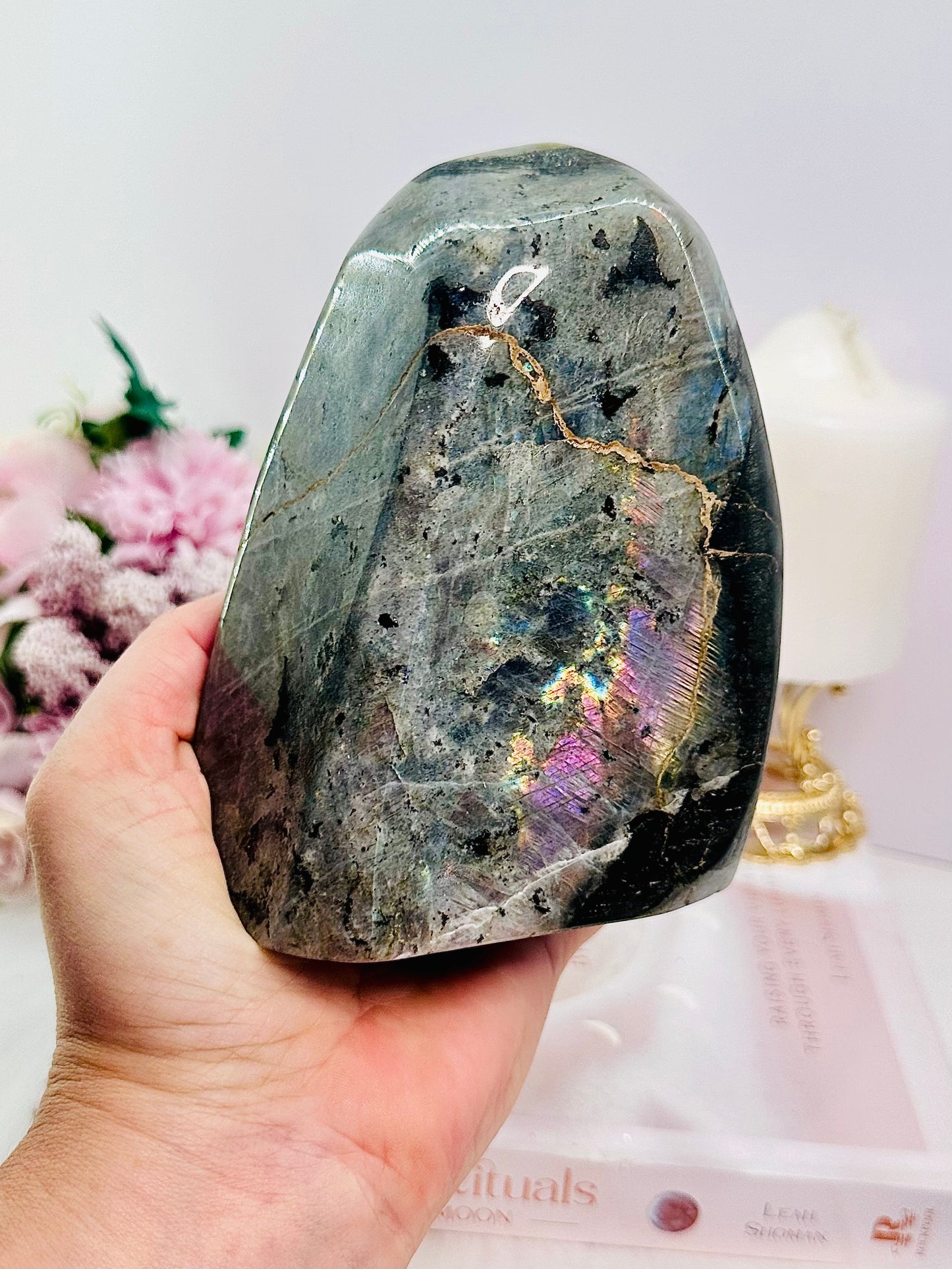 WOW!!!!!! Classy & Absolutely Fabulous Large 14.5cm 1.43KG Labradorite Polished Freeform with Stunning Purple Flash Truly Gorgeous