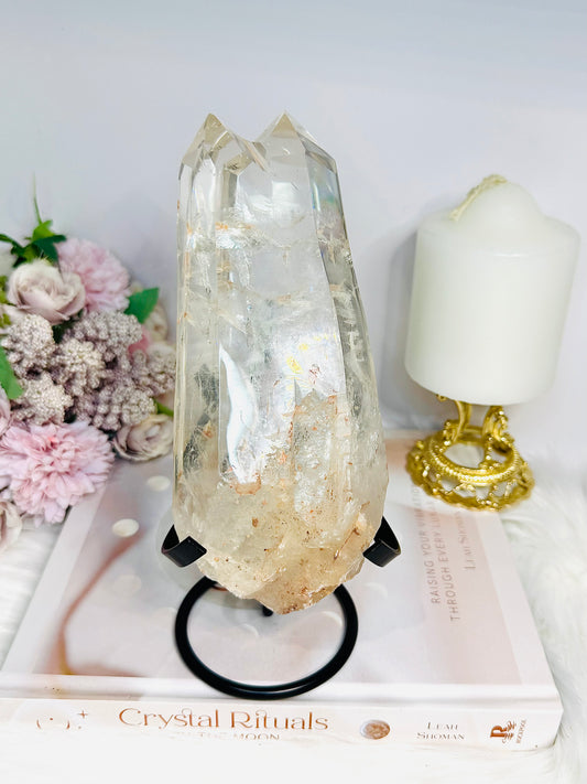 High Grade Clear Quartz Twin | Double Tower with Rainbows on Stand 18.5cm 961g