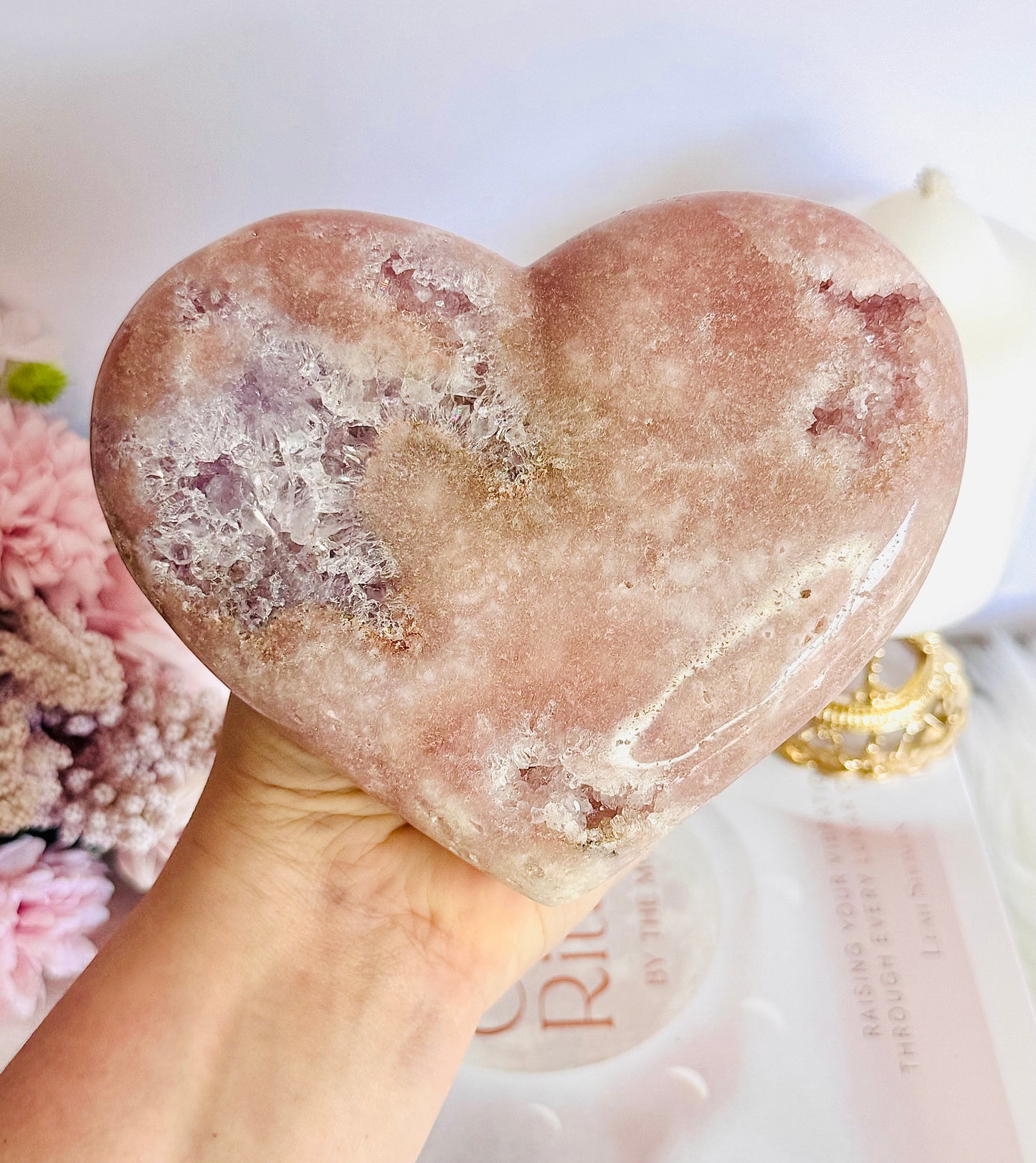 Classy & Fabulous Large Druzy Pink Amethyst Puffy Heart On Stand 832gram