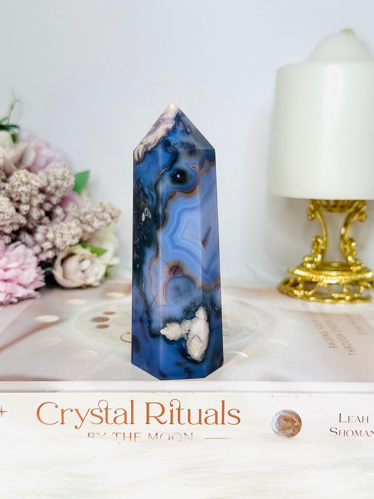 High Grade Blue Flower Agate Druzy Tower 11cm
