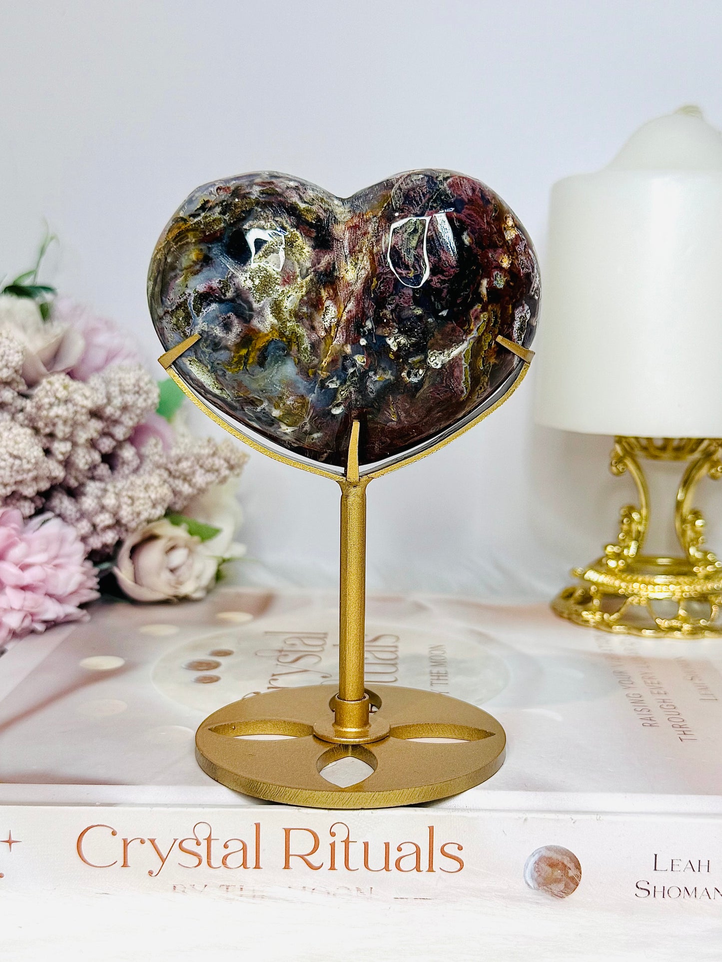 Large High Grade Ocean Jasper Peach Heart on Stand 12cm