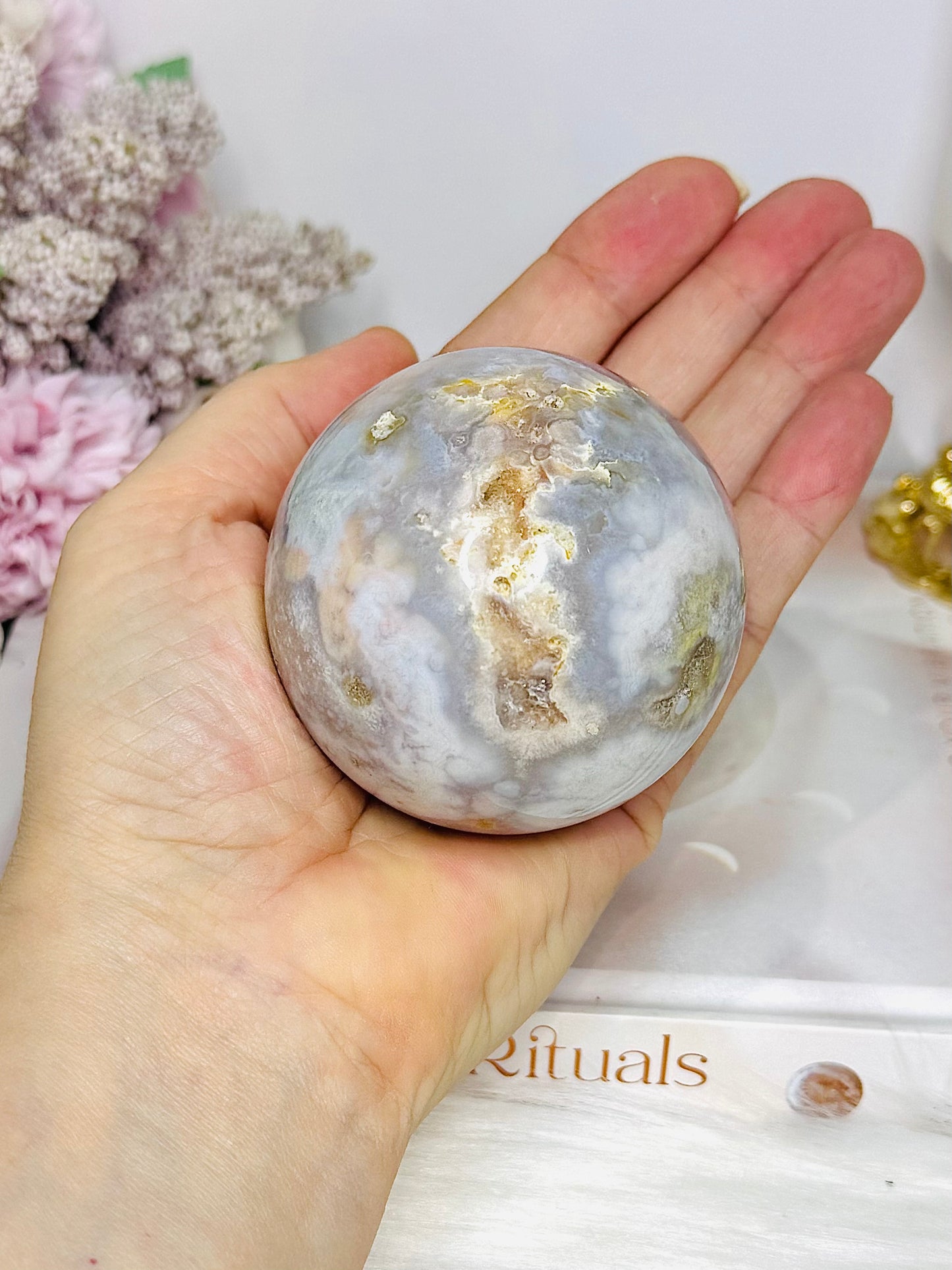 Large Flower Agate Sphere on Stand 319g