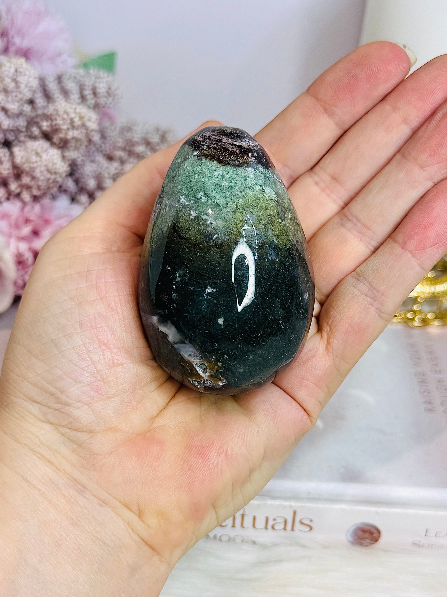 Moss Agate Druzy Egg On Stand 190g