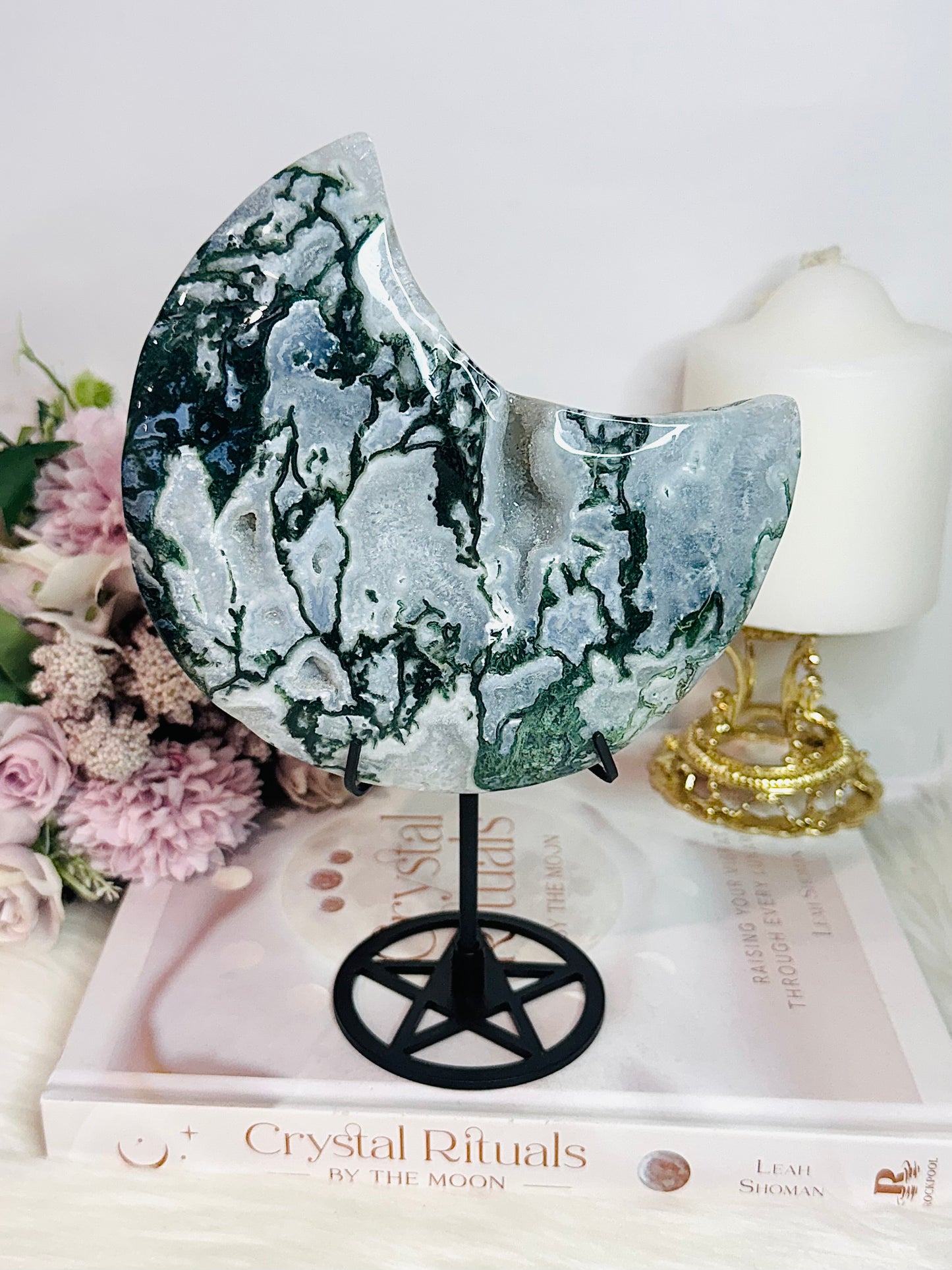 Huge Moss Agate Druzy Carved Moon On Stand 22cm