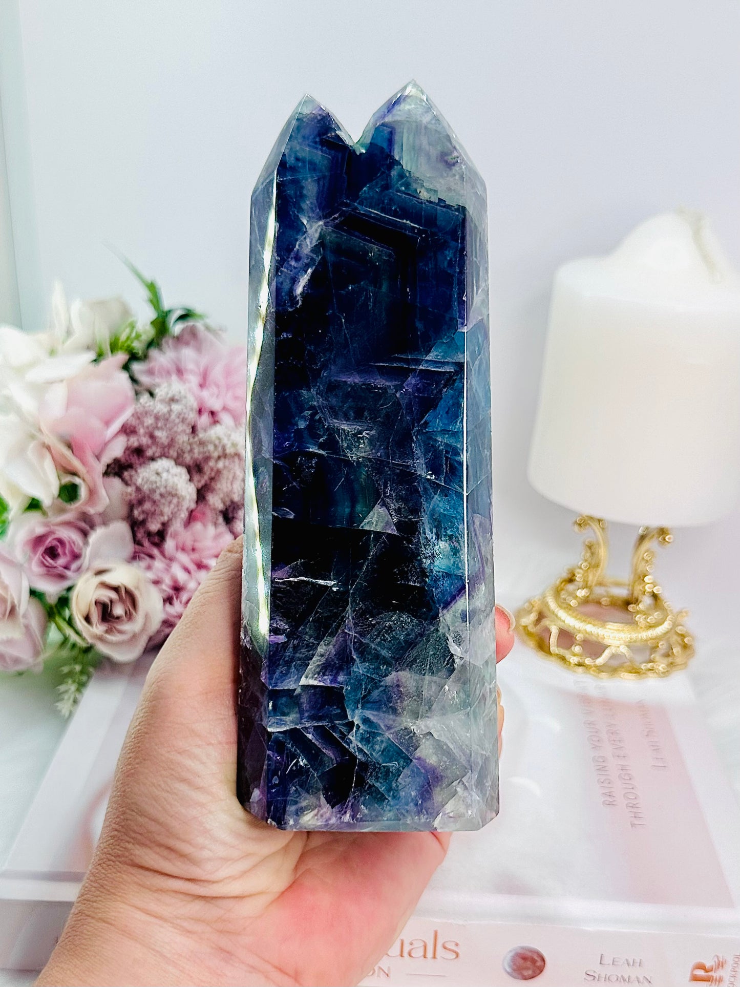 Wow!! Brilliant Large Chunky Double Fluorite Tower with Stunning Rainbows 16.5cm 653grams
