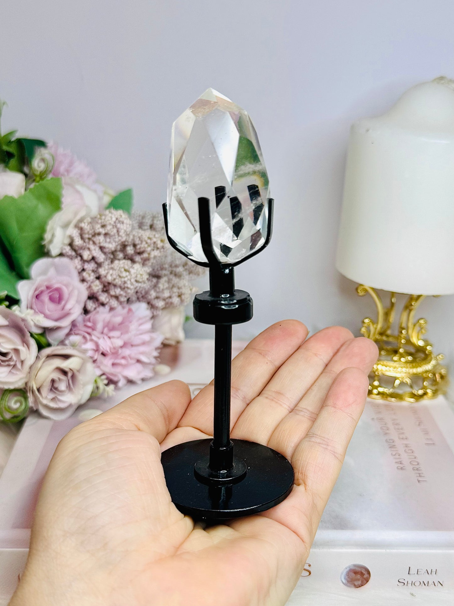 High Grade Clear Quartz Faceted Diamond On Stand 13cm