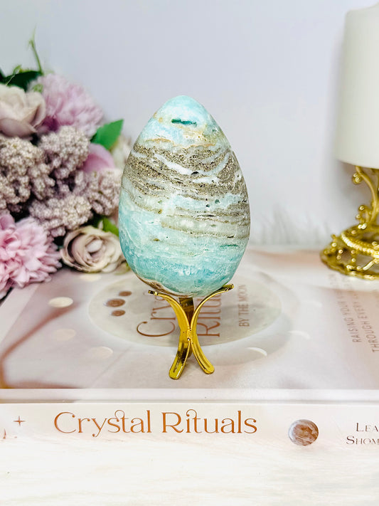 Blue Caribbean Calcite Druzy Egg On Stand 8cm 263g
