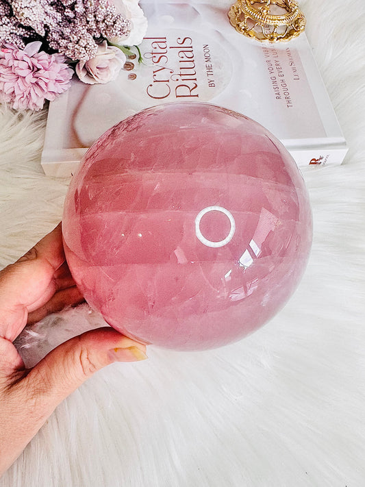 The Rose Quartz Queen ~ Massive 2.7KG 14cm Dark Pink Rose Quartz Sphere On Stand