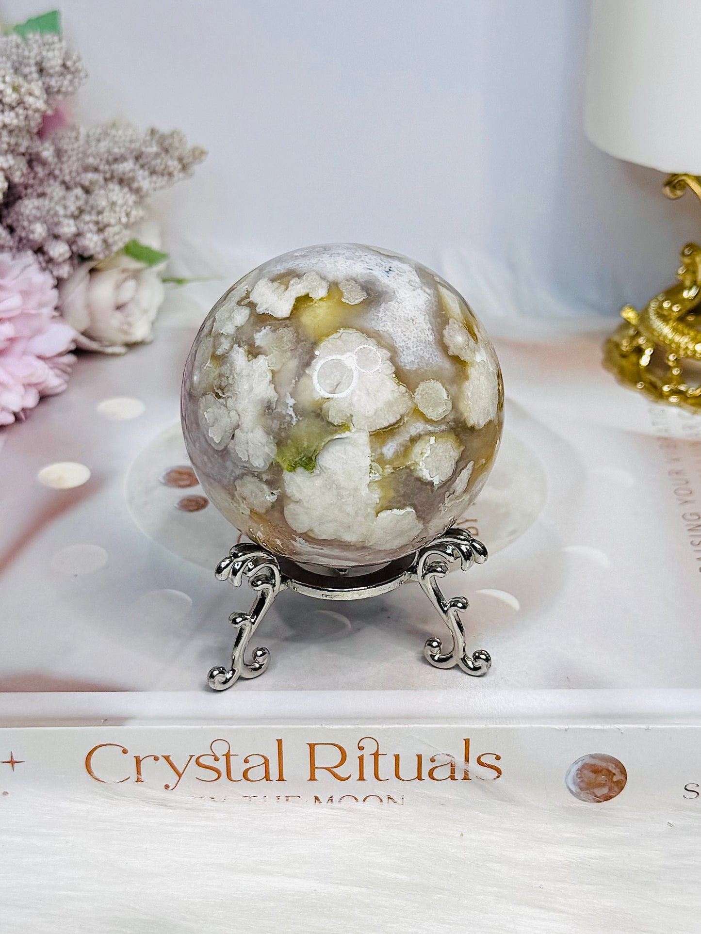 Flower Agate X Amethyst Sphere on Stand 280g