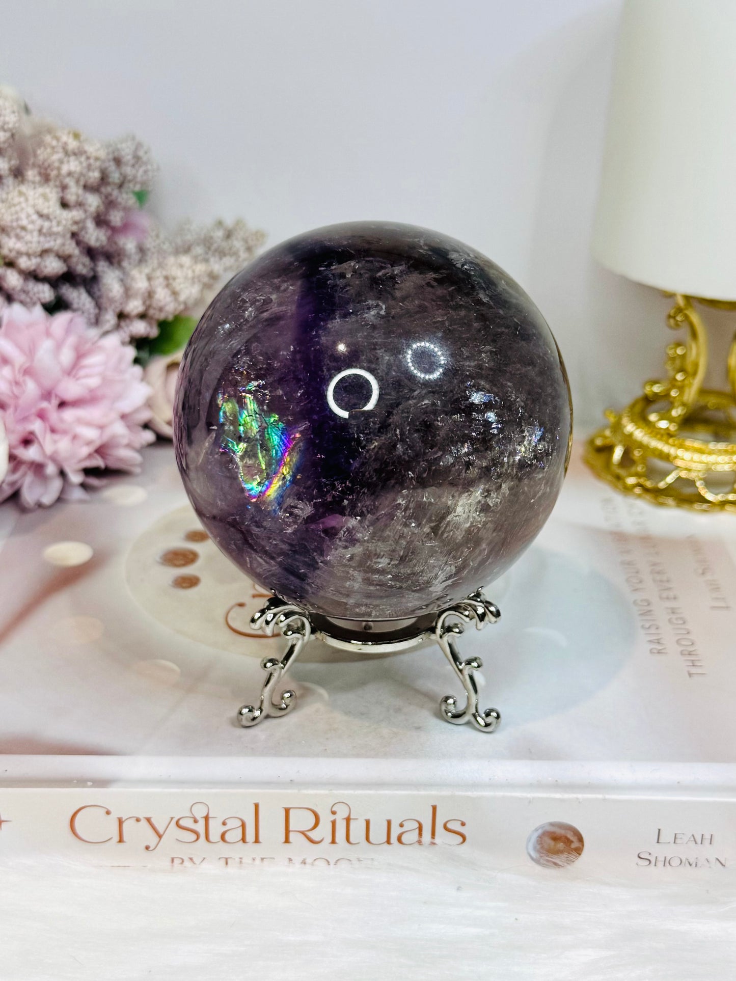 Large High Grade Phantom Amethyst Sphere with Rainbows On Stand 665g