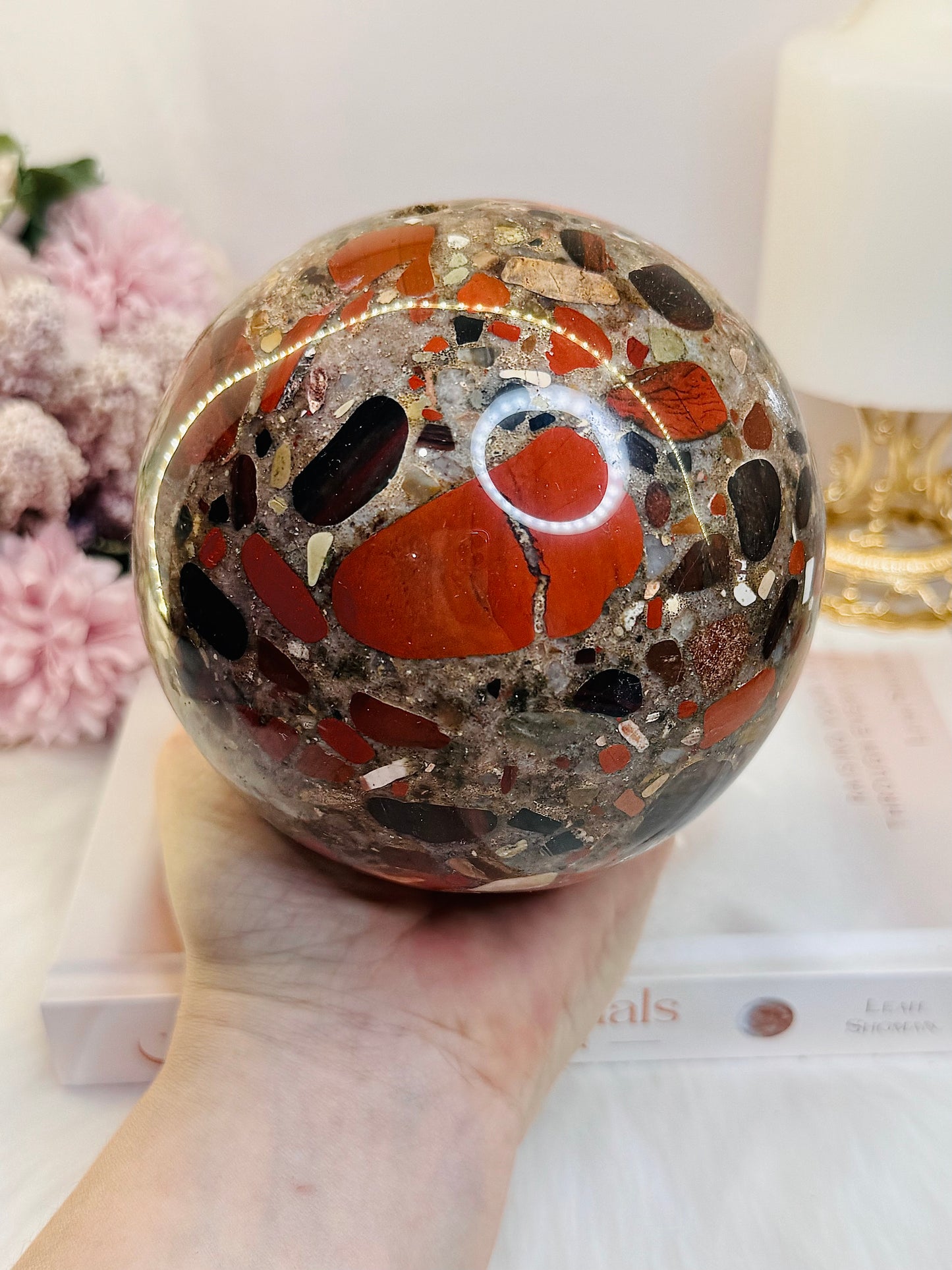 Huge Incredible Natural Puddingstone Sphere on Stand 11cm 1.93KG