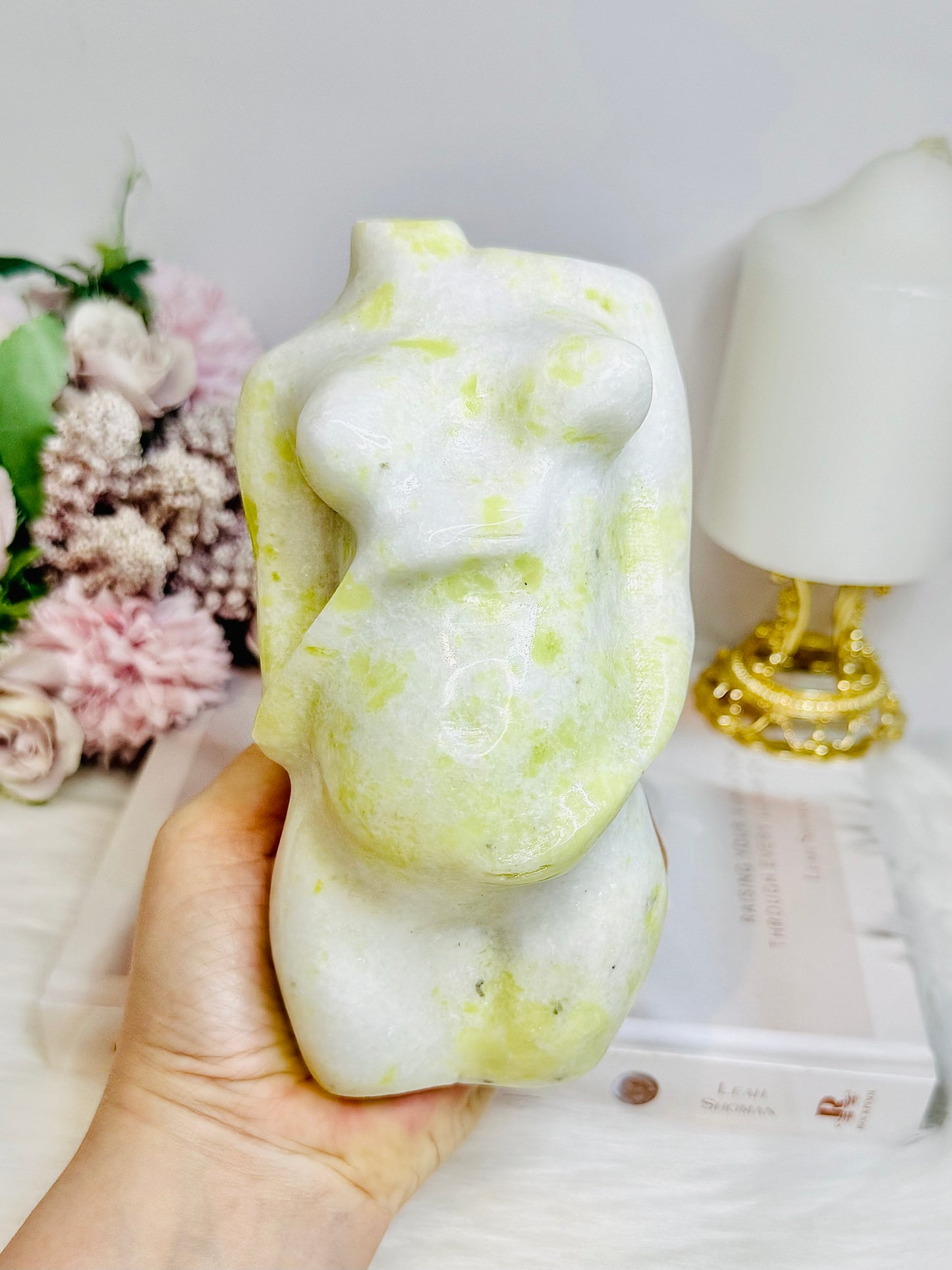 Large Lemon Serpentine Jade Pregnant Woman Carving 15cm 1.02KG