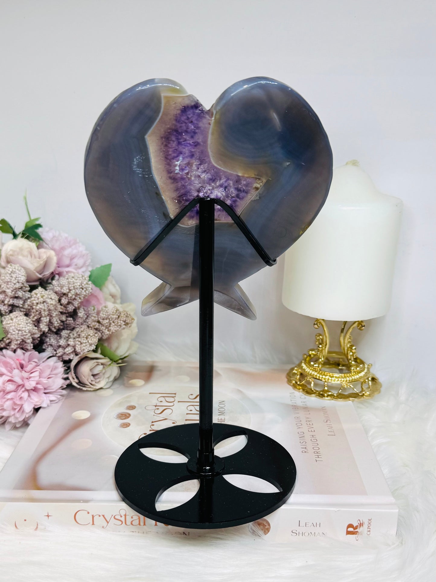 Large Amethyst Druzy Agate Heart on Stand 551g
