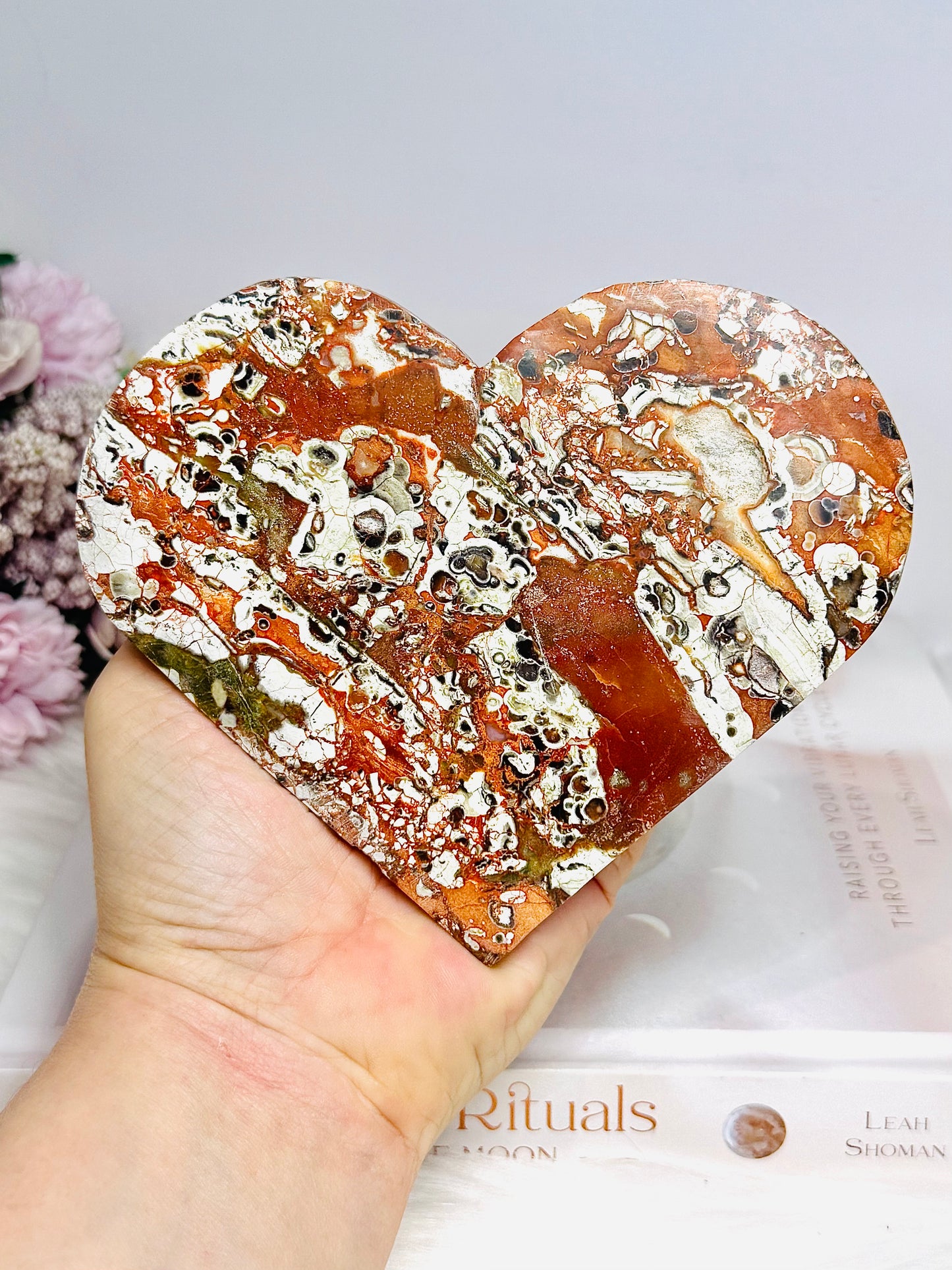 Large Money Agate Carved Heart on Stand 15cm