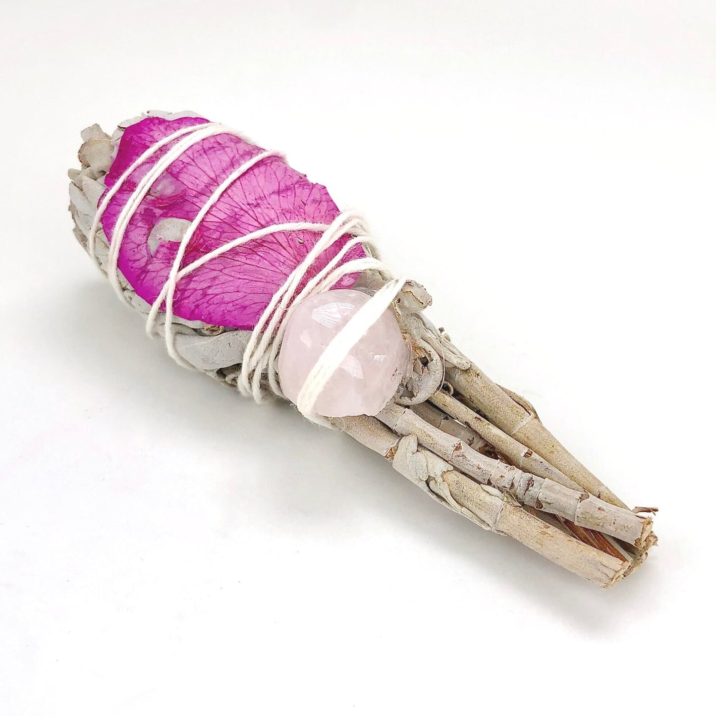 White Sage Torch with Rose Petals & Quartz 8cm Smudge Stick