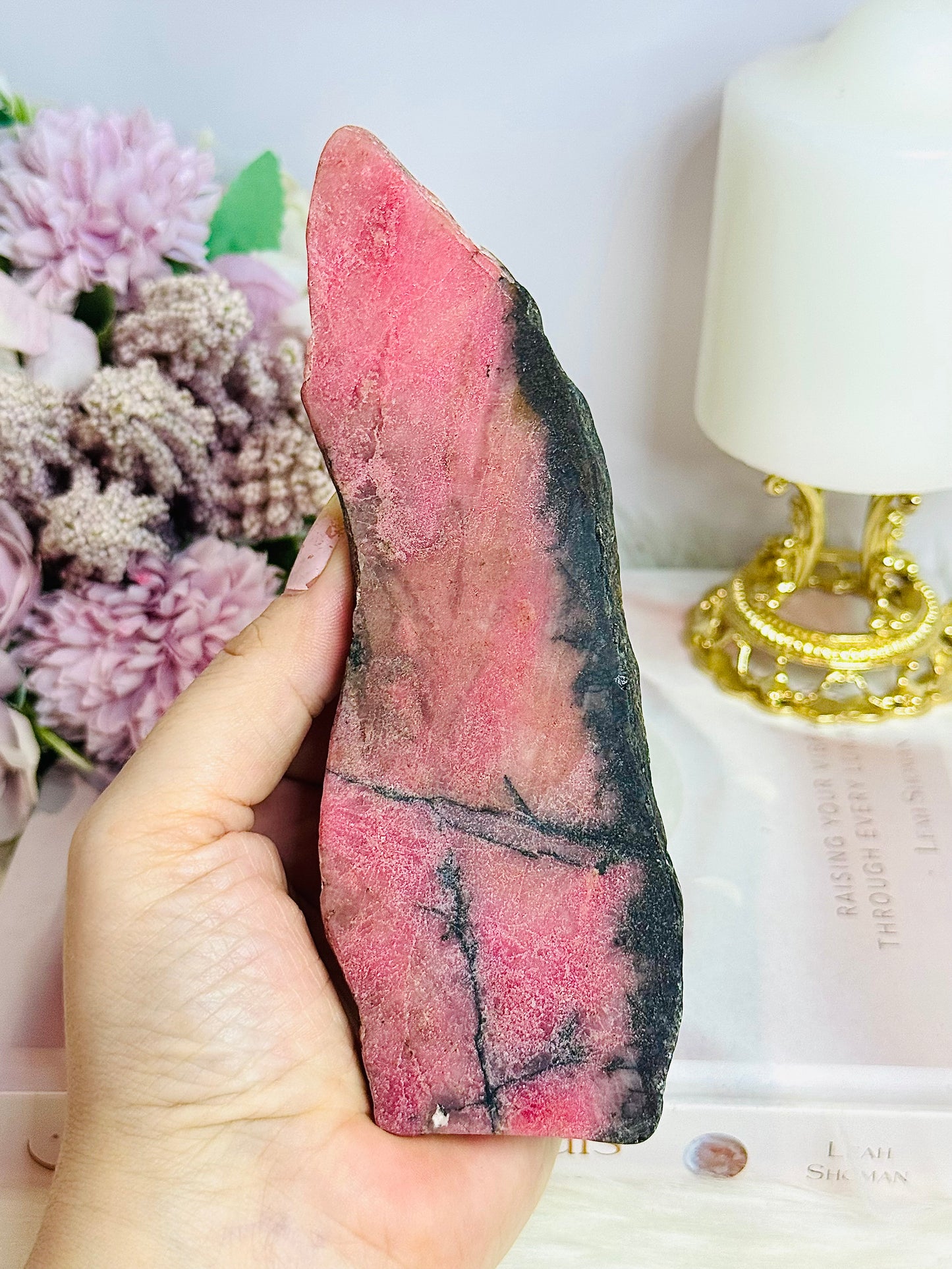 High Grade Rhodonite Slab on Stand 15cm